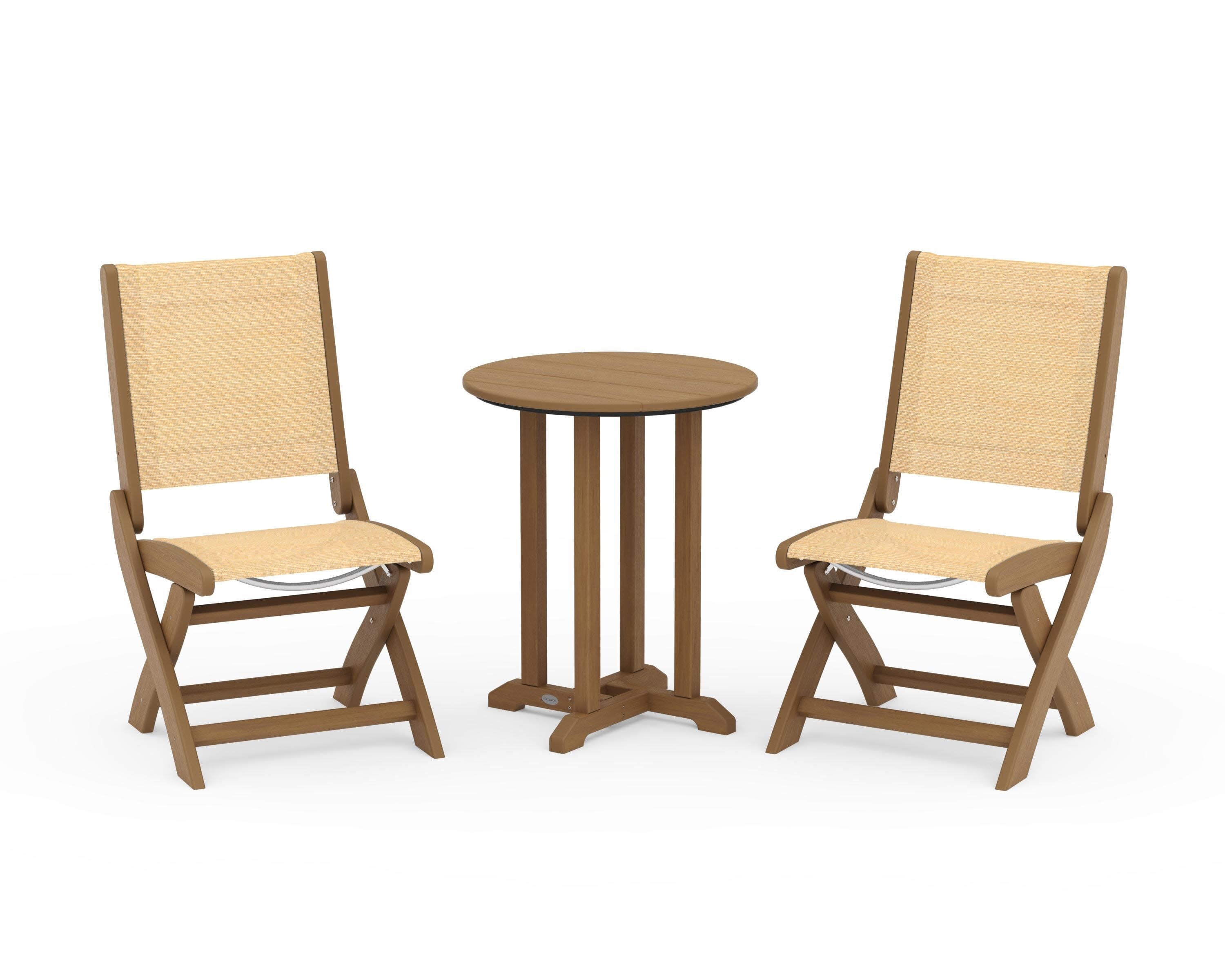 Coastal Folding Side Chair 3-Piece Round Bistro Dining Set in Natural / Dupioni Apricot Sling