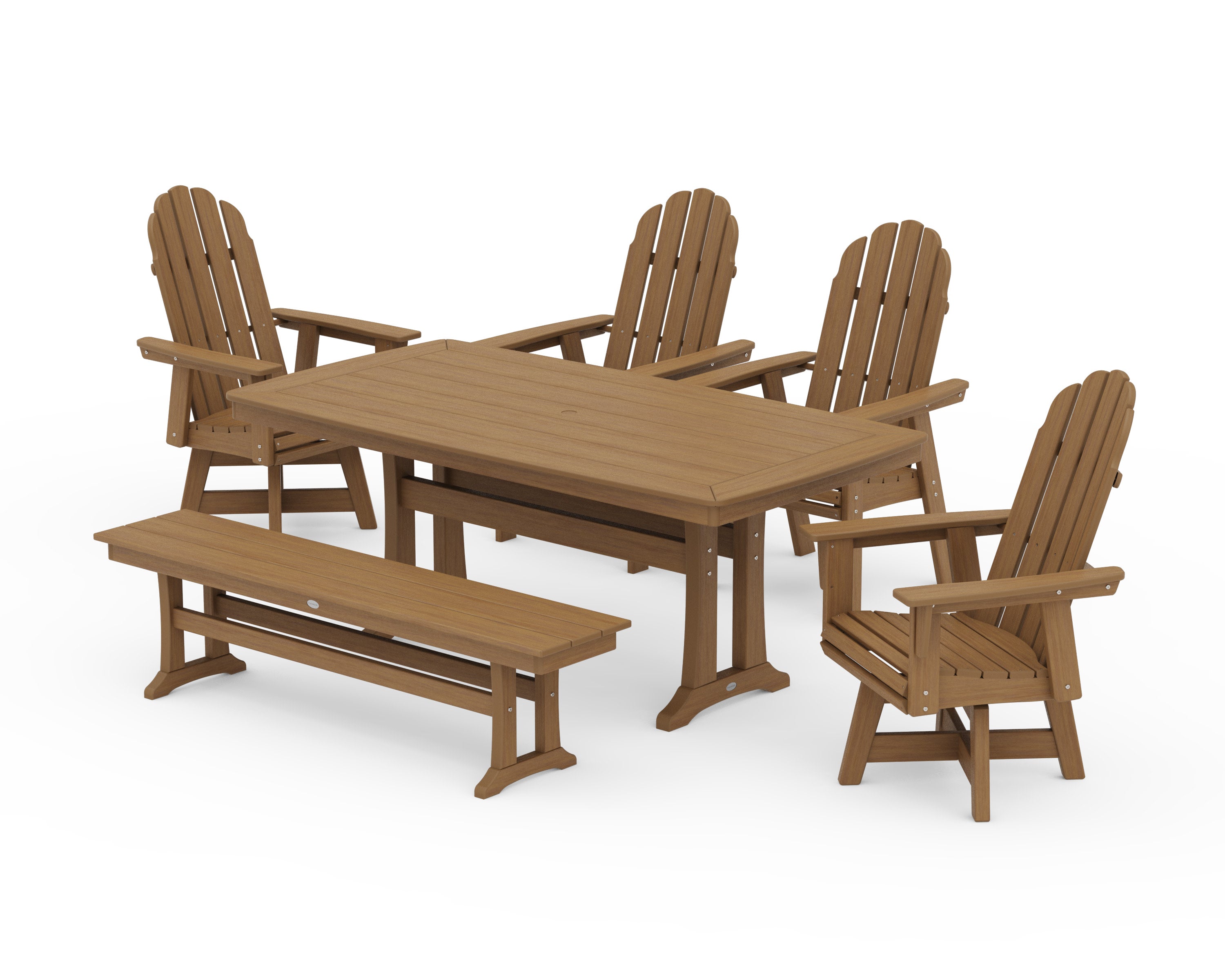 Vineyard Curveback Adirondack Swivel Chair 6-Piece Dining Set with Trestle Legs and Bench in Natural