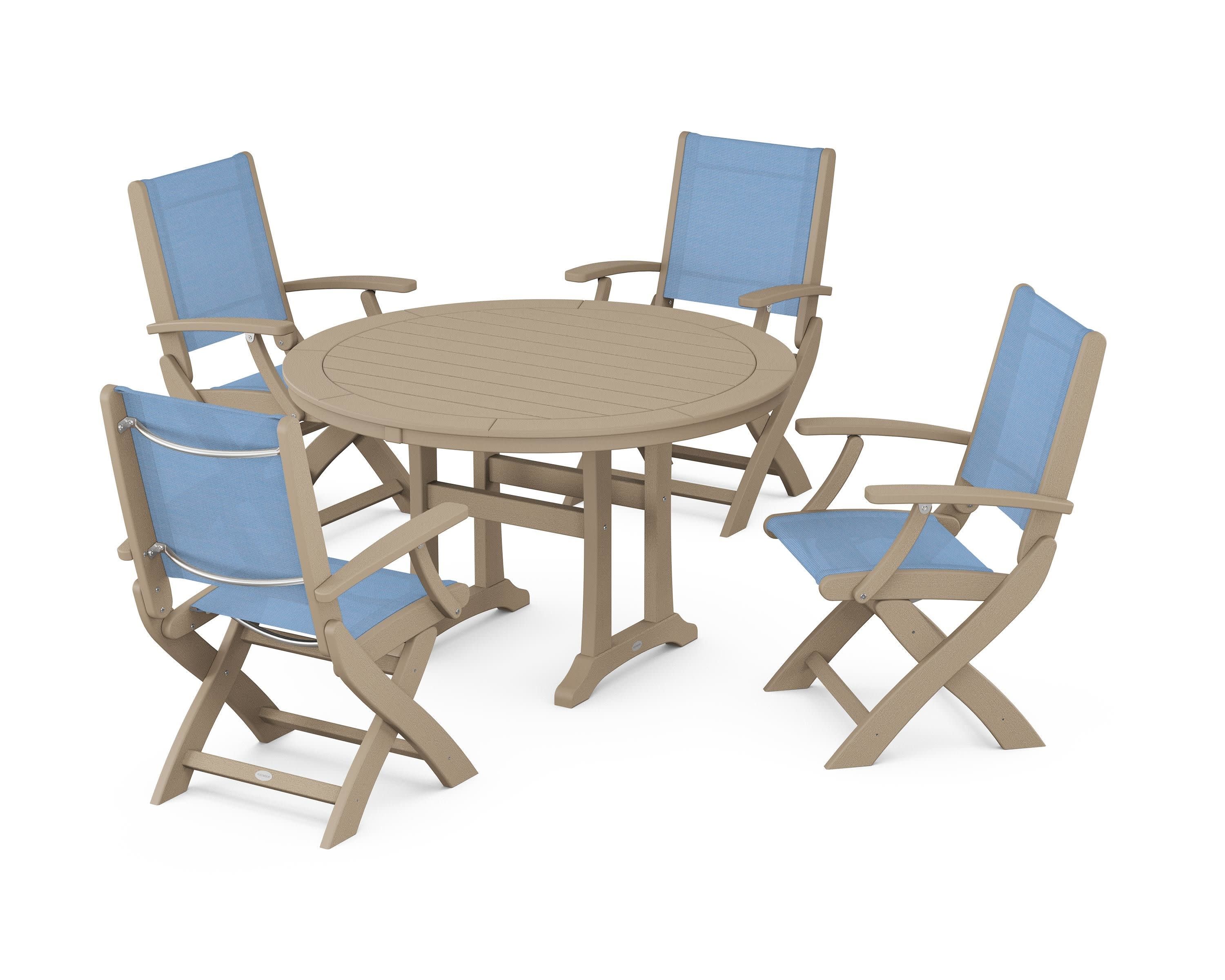 Coastal Folding Chair 5-Piece Round Dining Set with Trestle Legs in Vintage Sahara / Poolside Sling