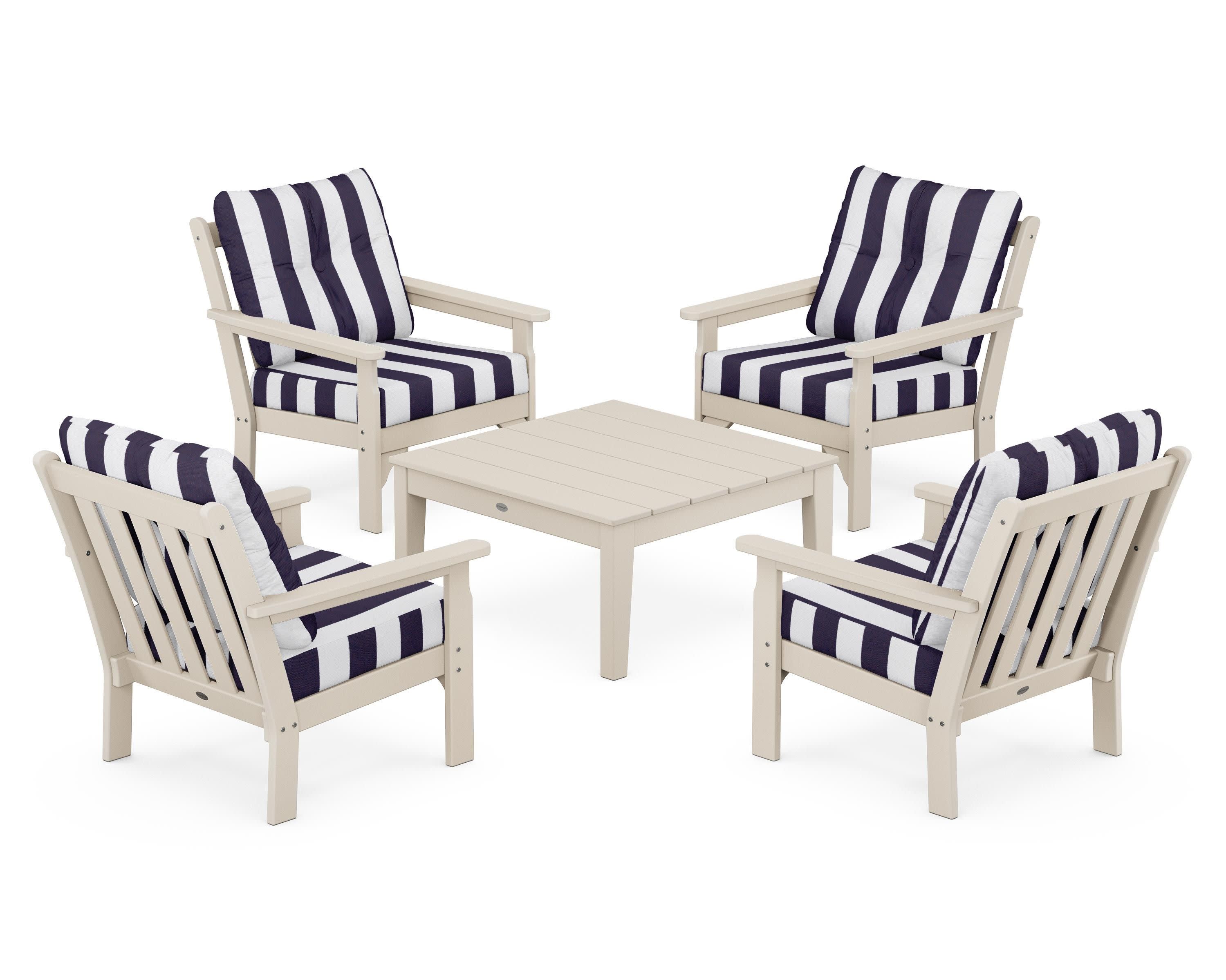 Vineyard 5-Piece Deep Seating Conversation Set in Sand / Cabana Stripe Navy