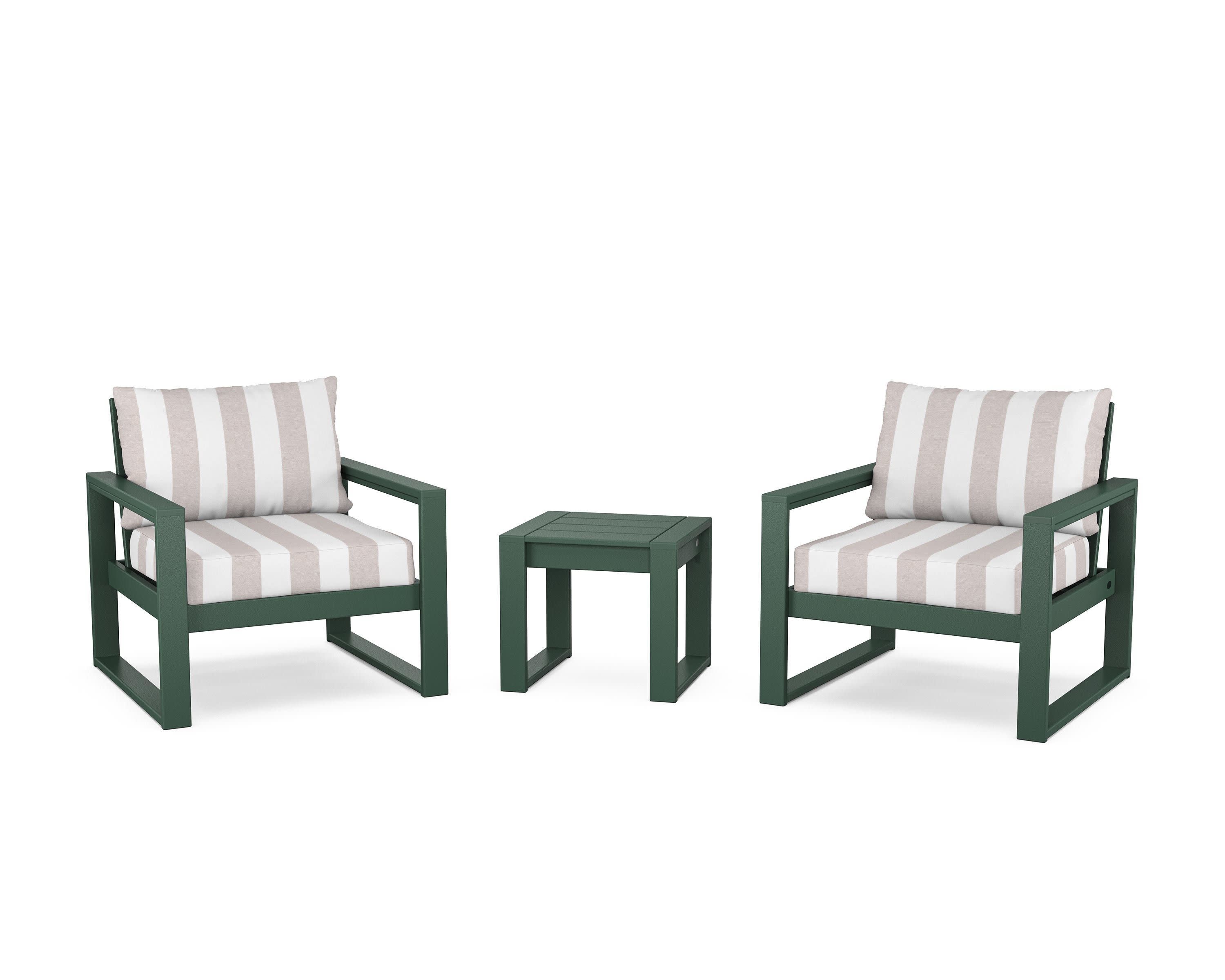 EDGE Sectional 3-Piece Deep Seating Set in Green / Cabana Stripe Dune Burlap