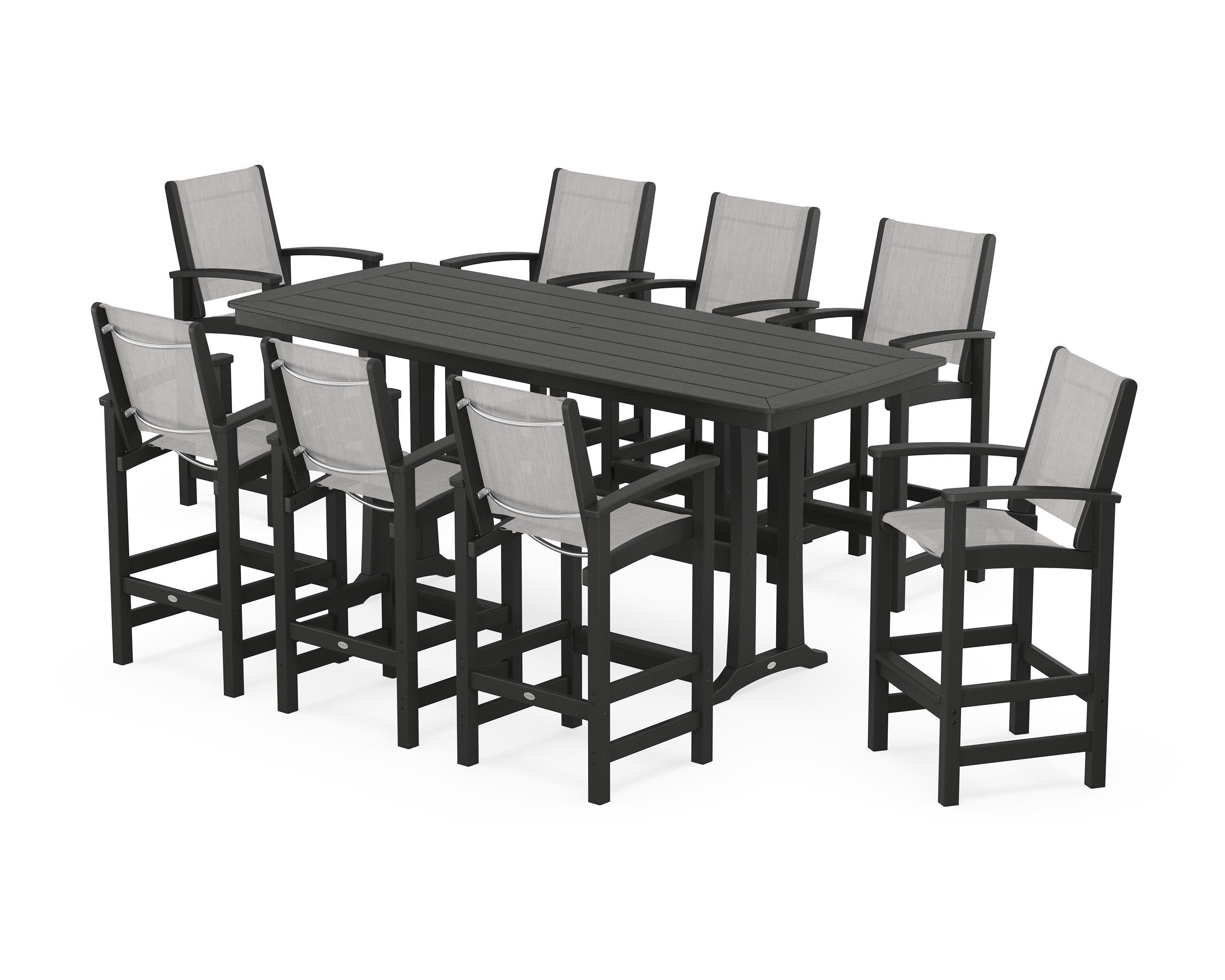 Coastal 9-Piece Bar Set with Trestle Legs in Black / Parchment Sling