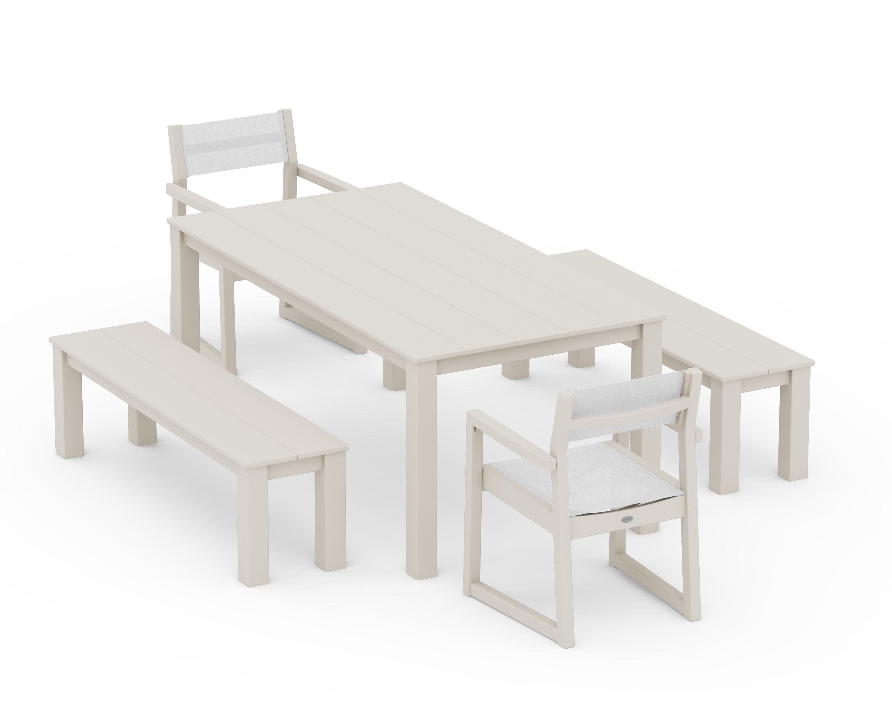 EDGE Sling Arm Chair 5-Piece Parsons Dining Set with Benches in Sand / White Sling