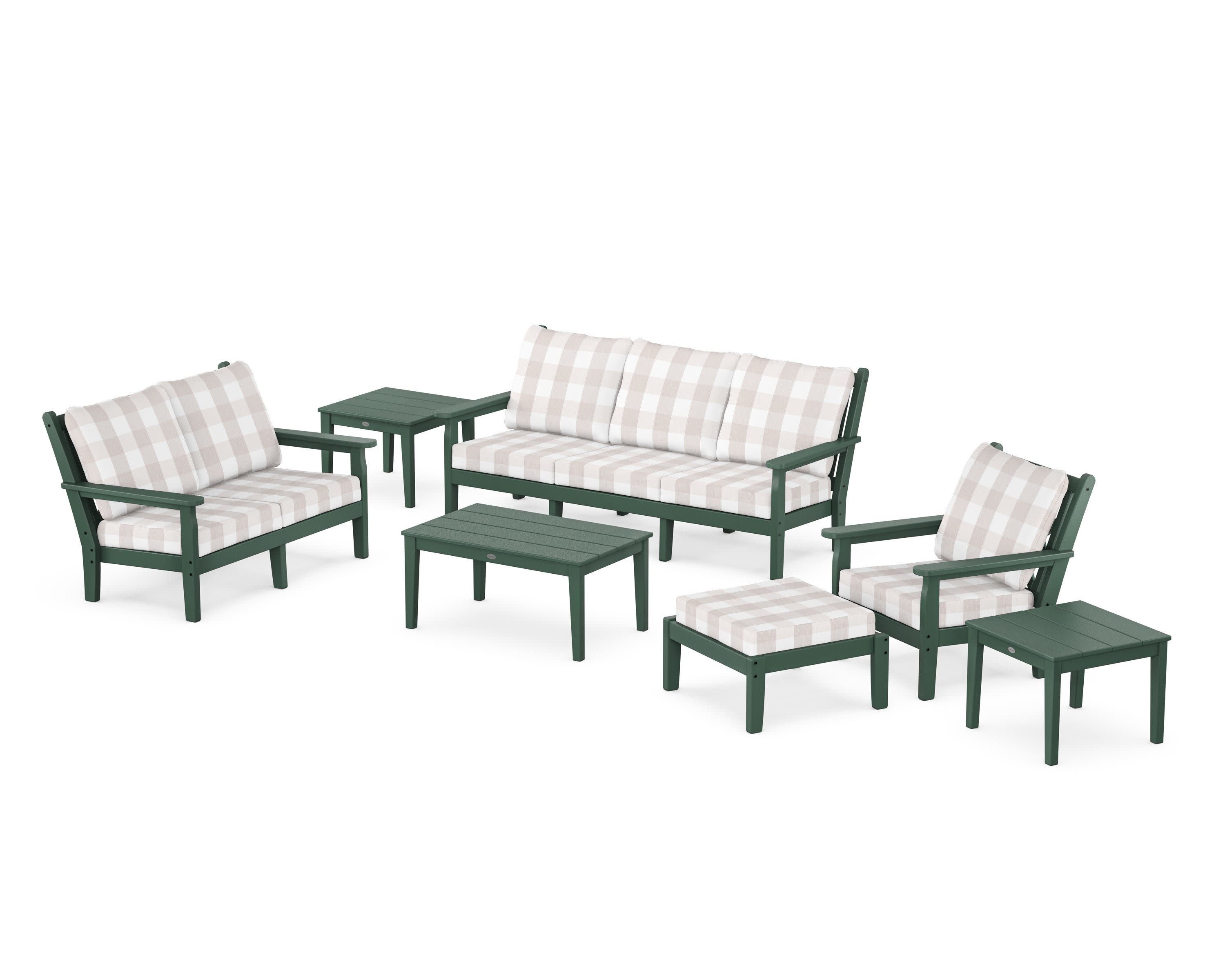 Chippendale 7-Piece Deep Seating Set in Green / Buffalo Plaid Dune Burlap