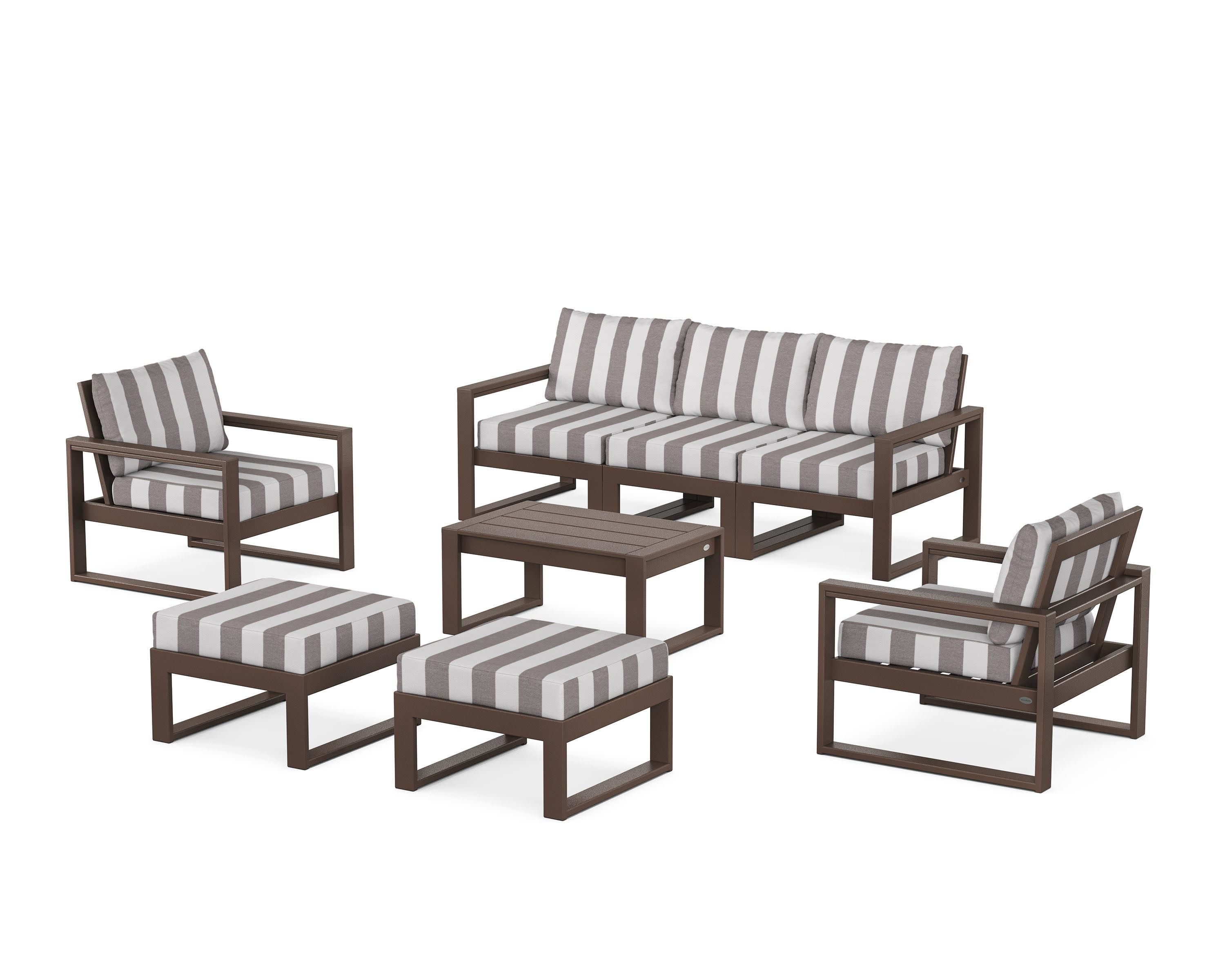 EDGE Sectional 8-Piece Lounge Sofa Set in Mahogany / Cabana Stripe Grey Mist