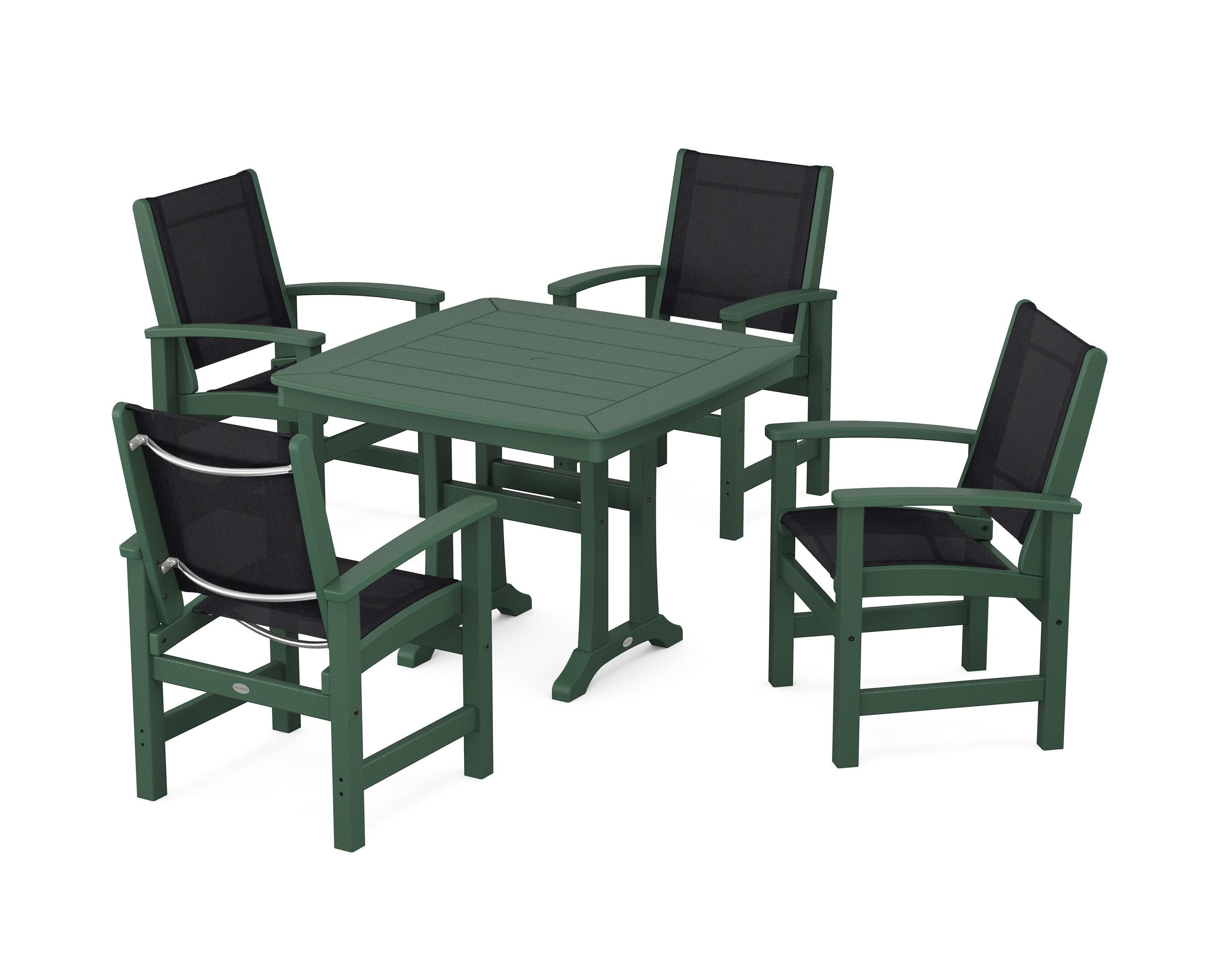 Coastal 5-Piece Dining Set with Trestle Legs in Green / Black Sling