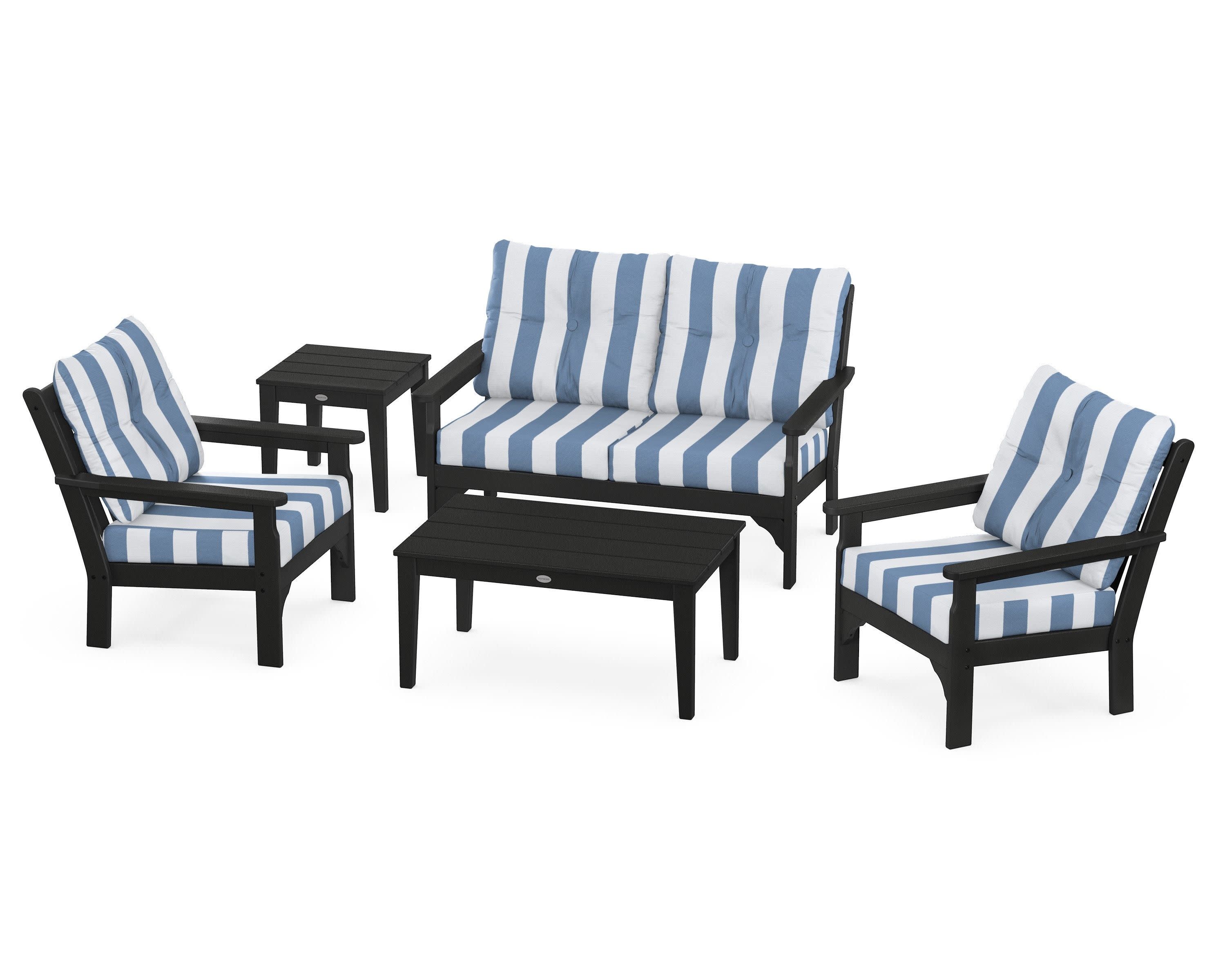 Vineyard 5-Piece Deep Seating Set in Black / Cabana Stripe Sky Blue