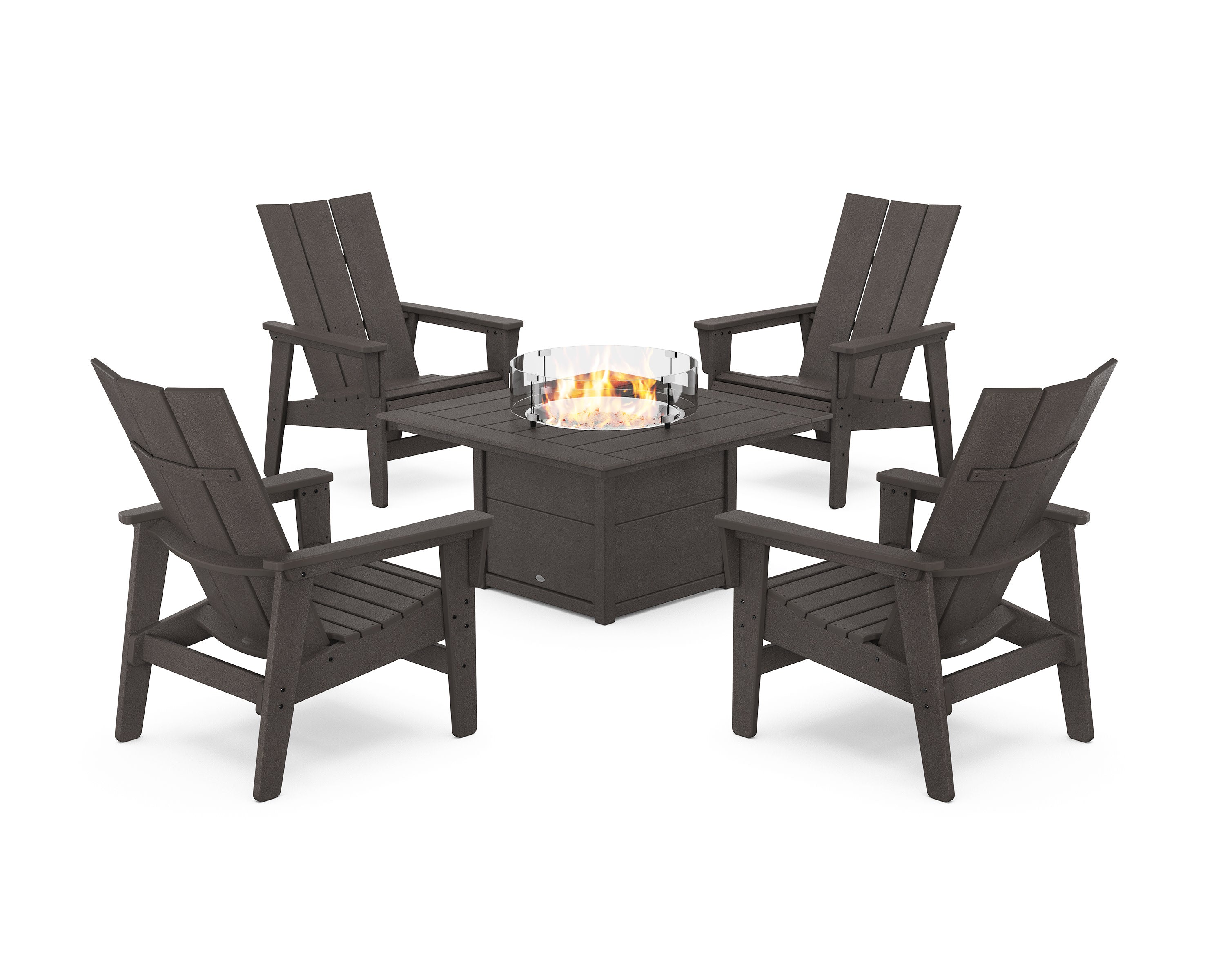 5-Piece Modern Grand Upright Adirondack Conversation Set with Fire Pit Table in Vintage Coffee