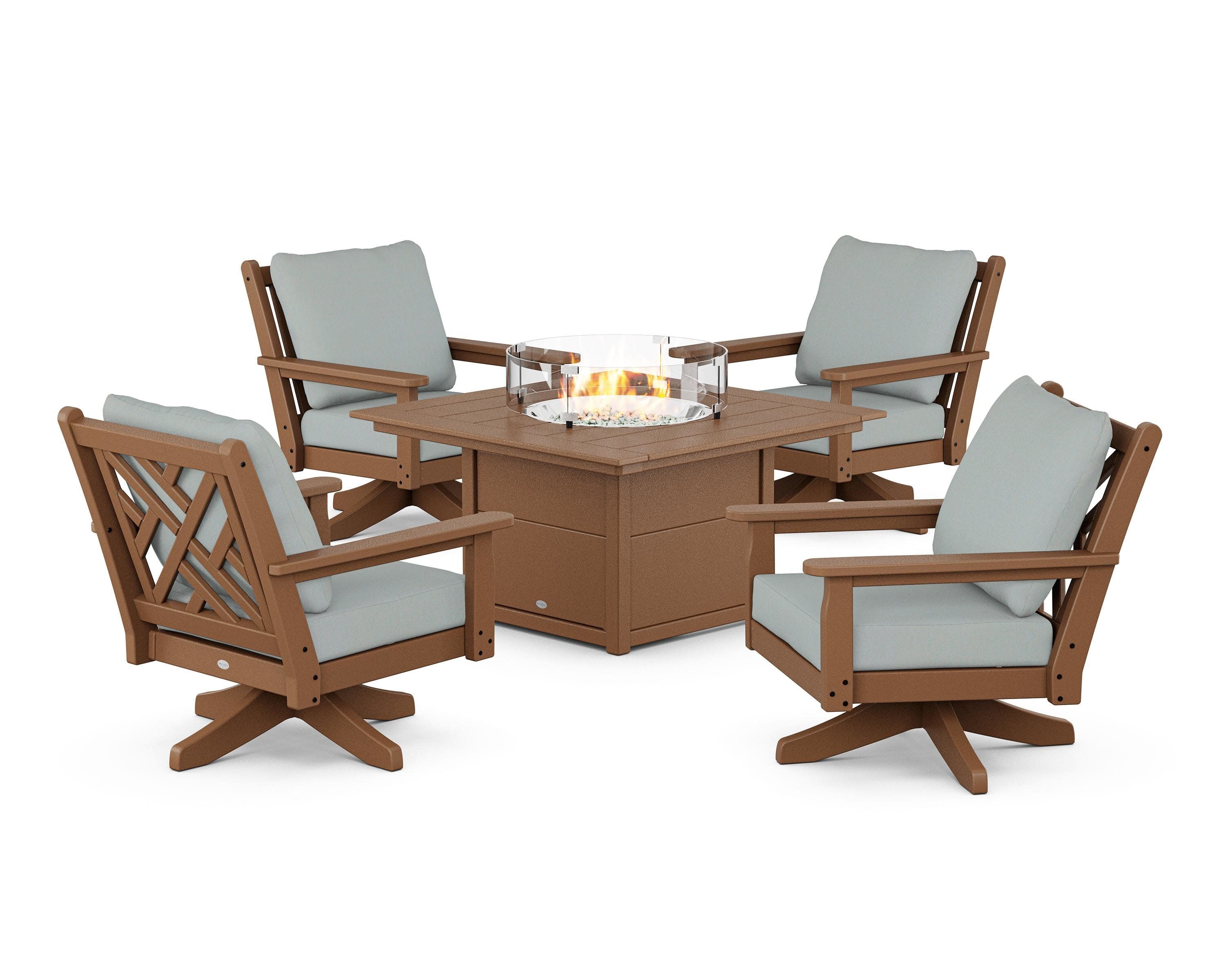 Chippendale 5-Piece Deep Seating Swivel Conversation Set with Fire Pit Table in Teak / Spa