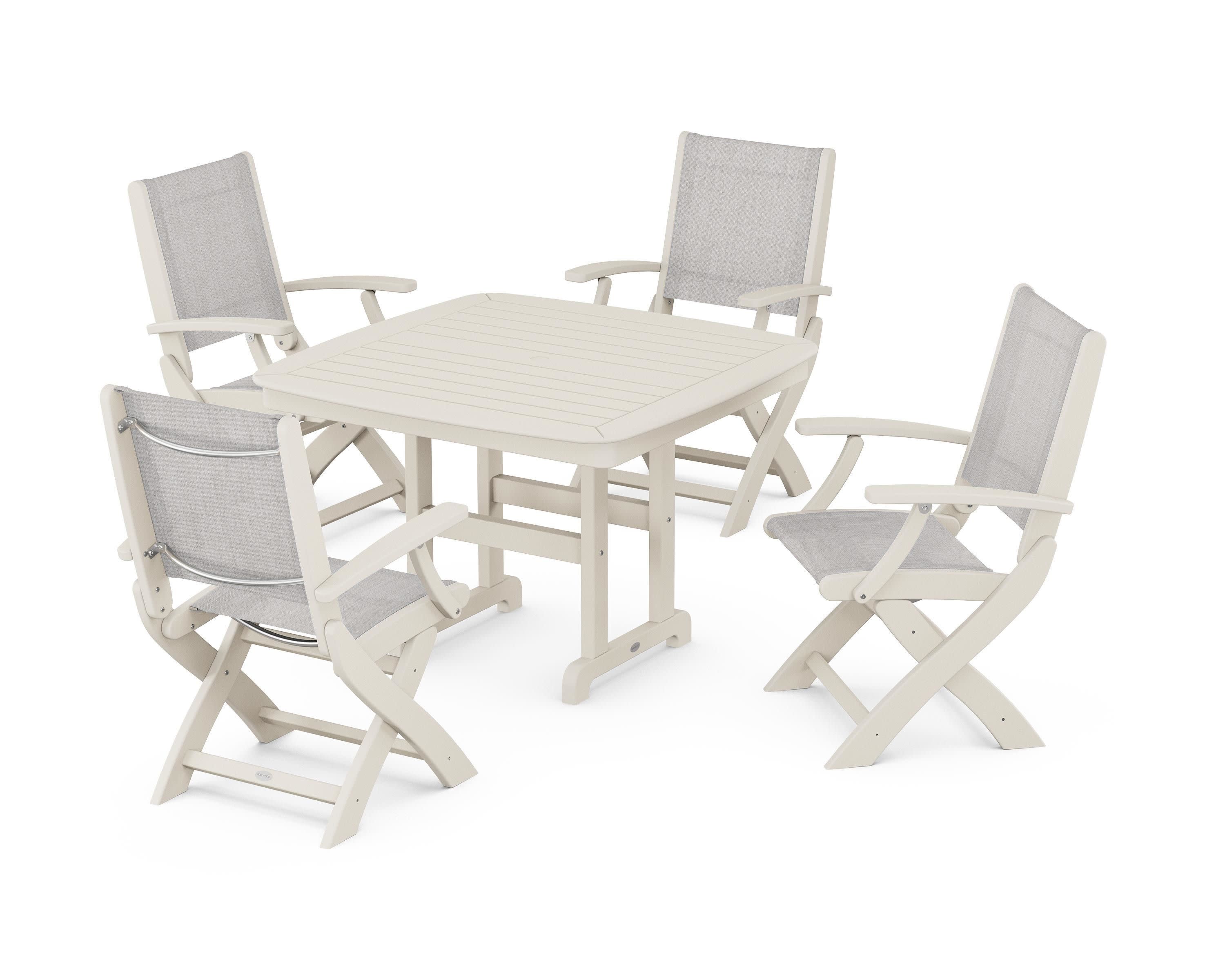 Coastal Folding Chair 5-Piece Dining Set in Sand / Parchment Sling