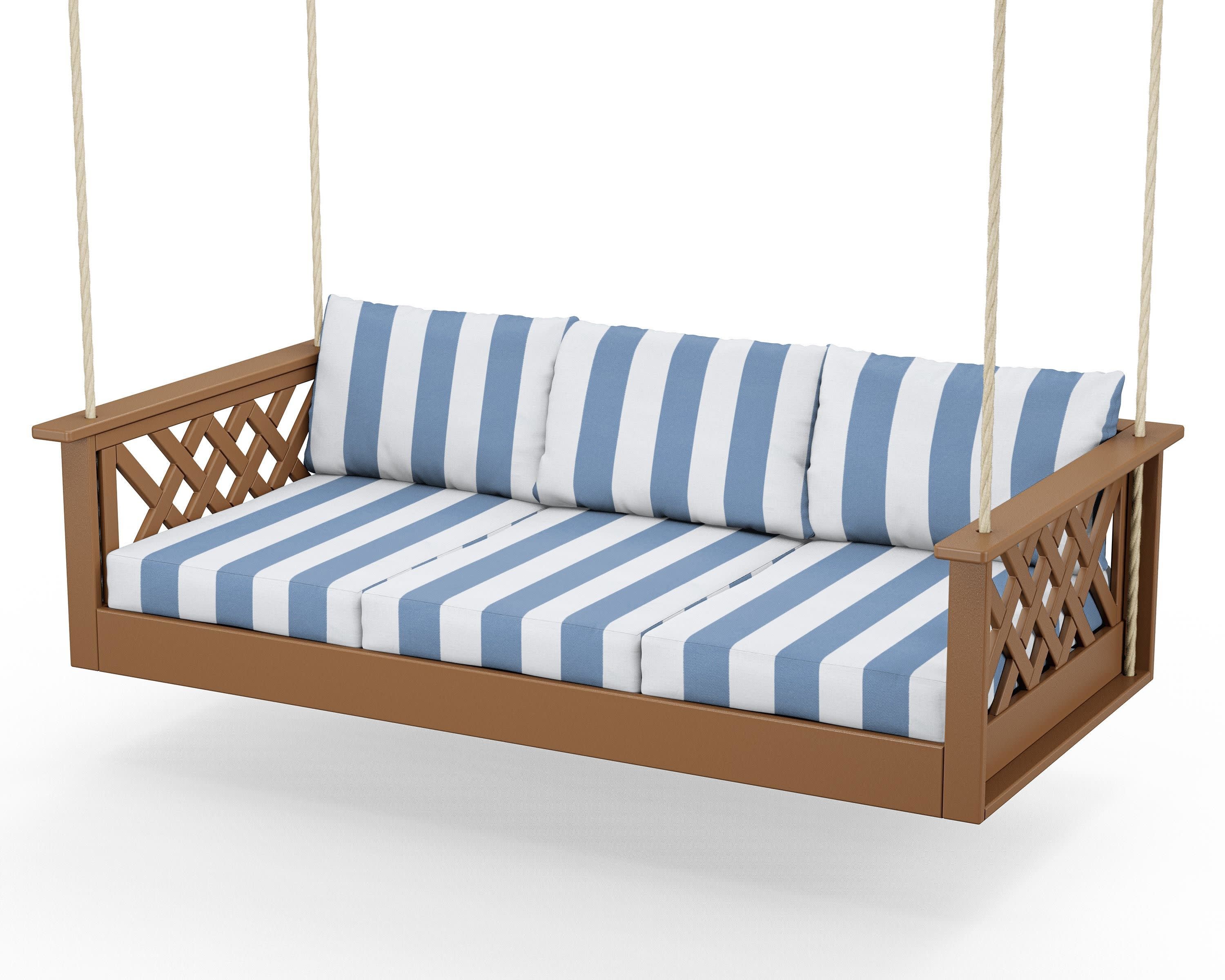 Wovendale Daybed Swing in Teak / Cabana Stripe Sky Blue