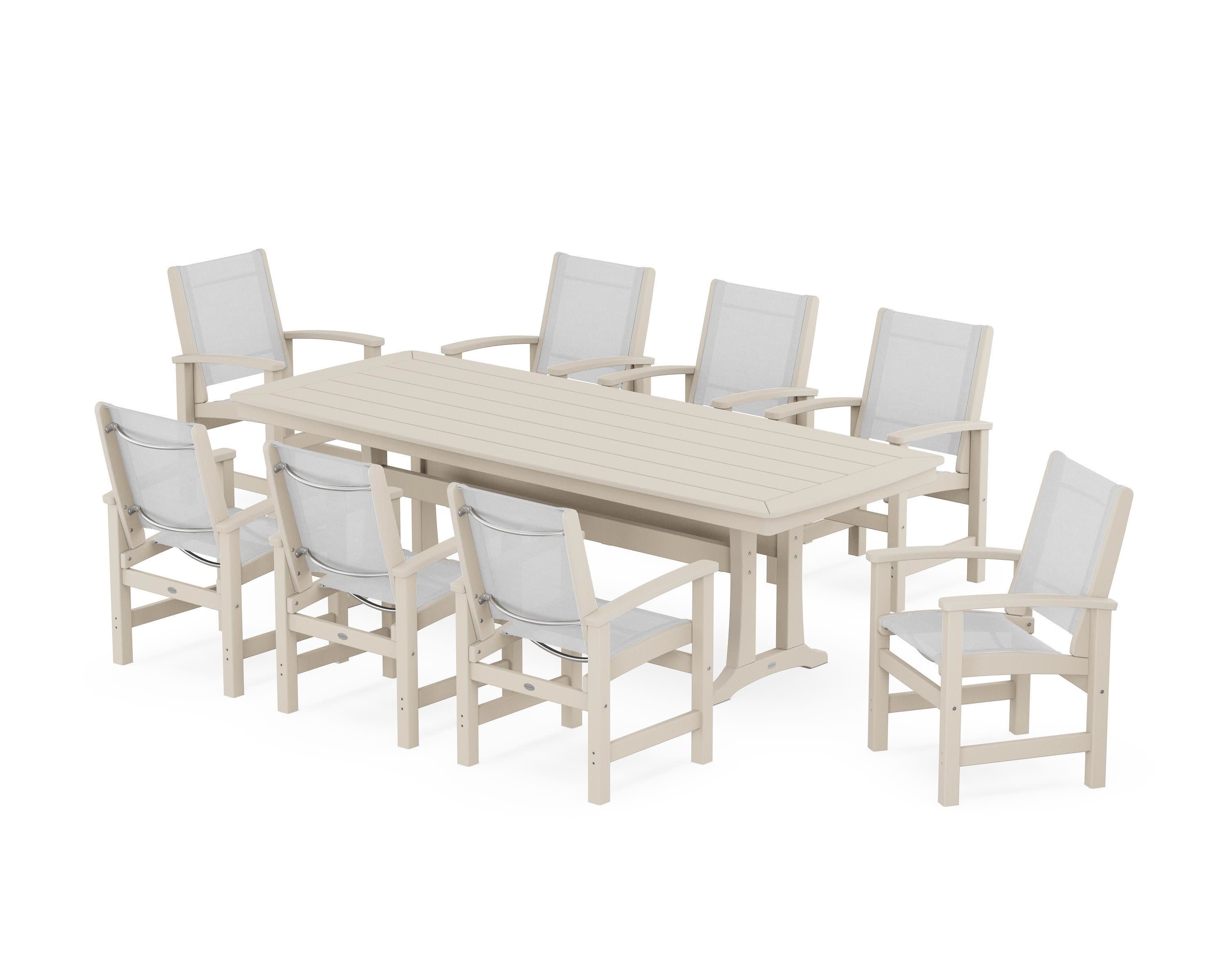 Coastal 9-Piece Dining Set with Trestle Legs in Sand / White Sling