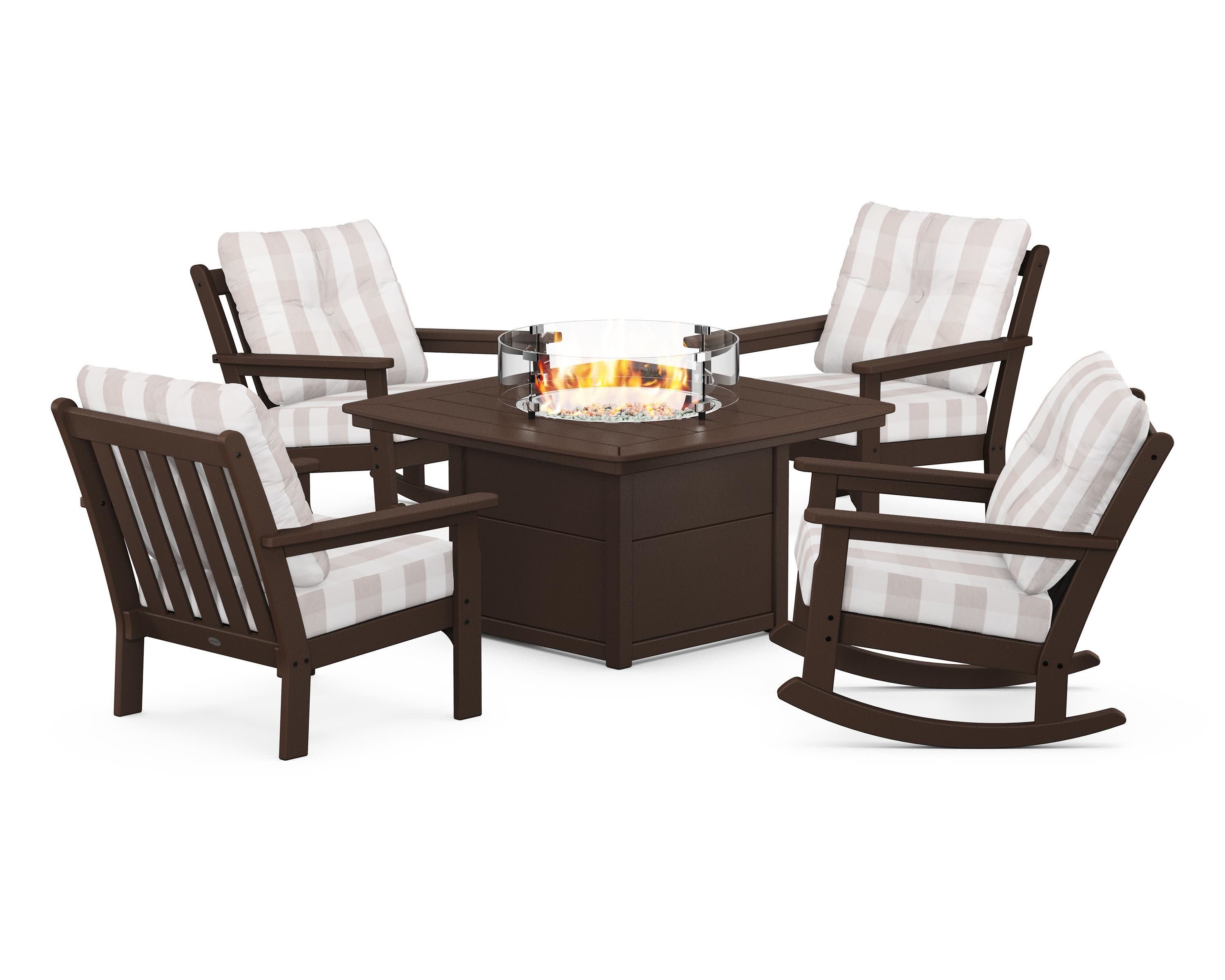 Vineyard 5-Piece Deep Seating Rocking Chair Conversation Set with Fire Pit Table in Mahogany / Buffalo Plaid Dune Burlap