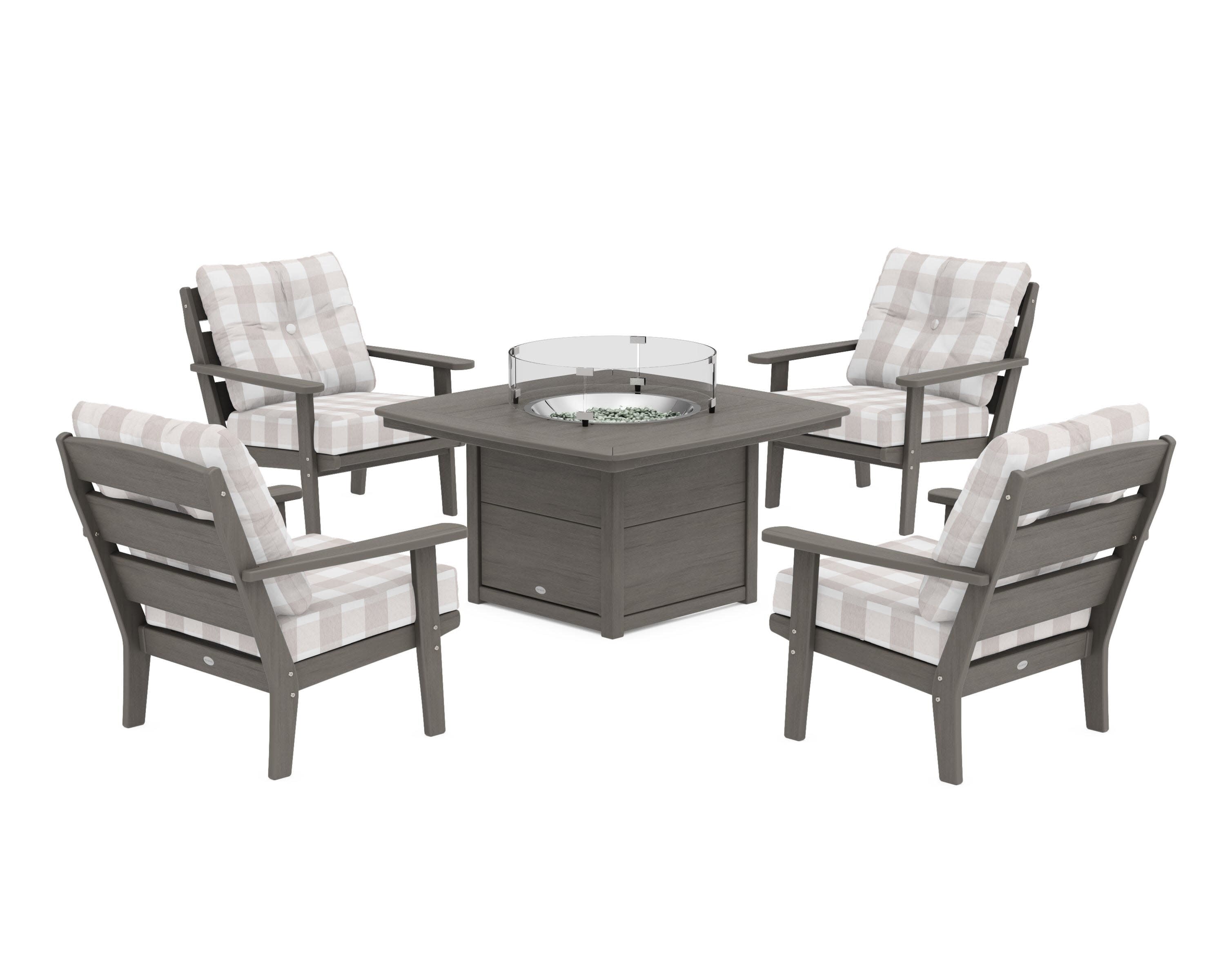 Lakeside 5-Piece Deep Seating Set with Nautical Fire Pit Table in Driftwood / Buffalo Plaid Dune Burlap
