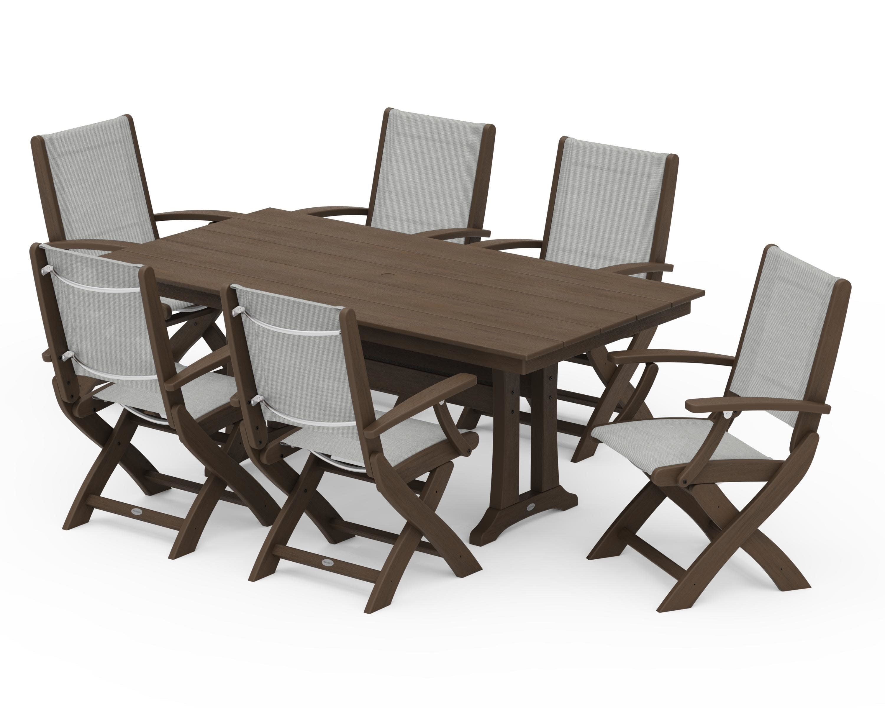 Coastal Folding Arm Chair 7-Piece Farmhouse Dining Set with Trestle Legs in Kona / Metallic Sling
