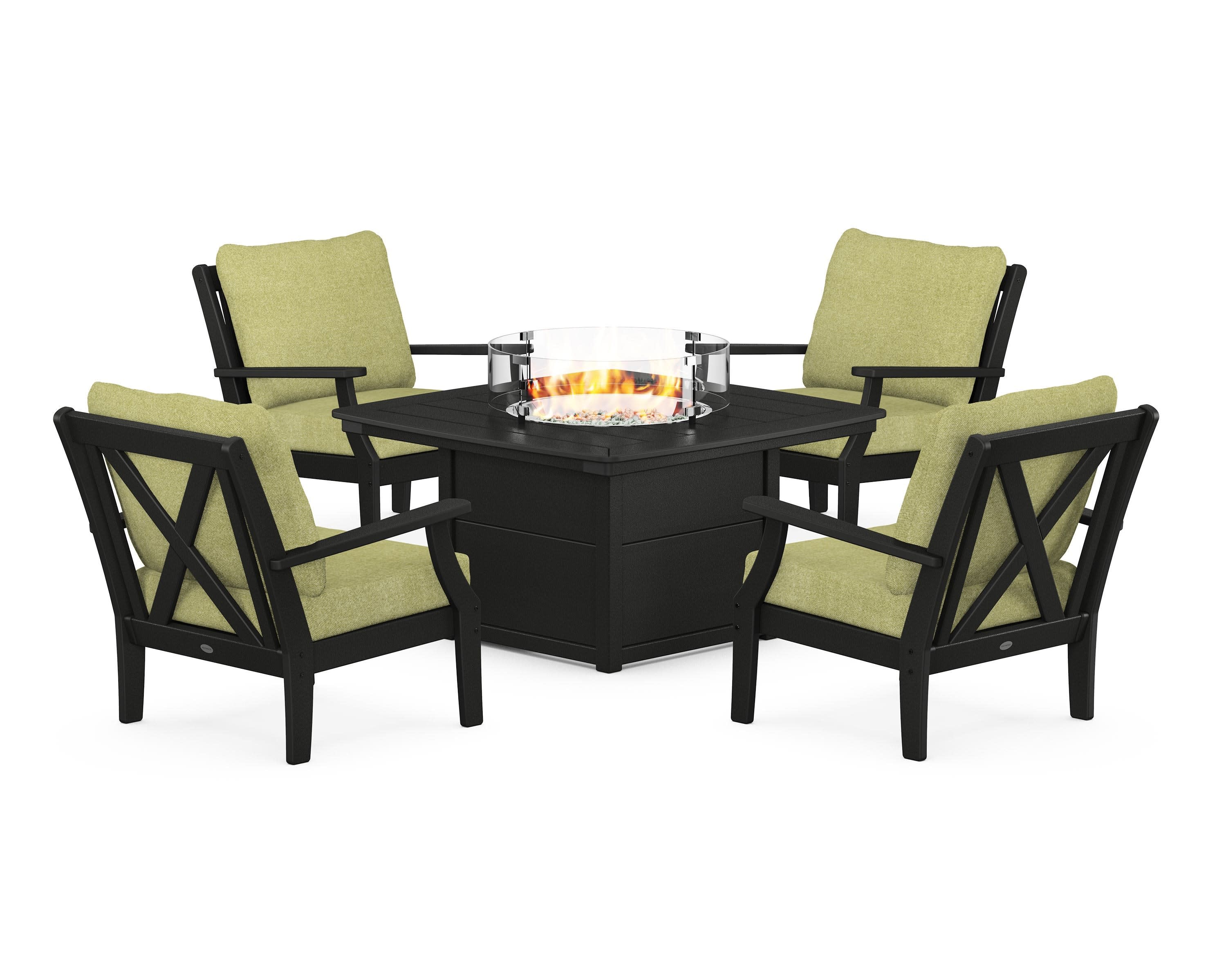 Braxton 5-Piece Deep Seating Conversation Set with Fire Pit Table in Black / Chartreuse Boucle