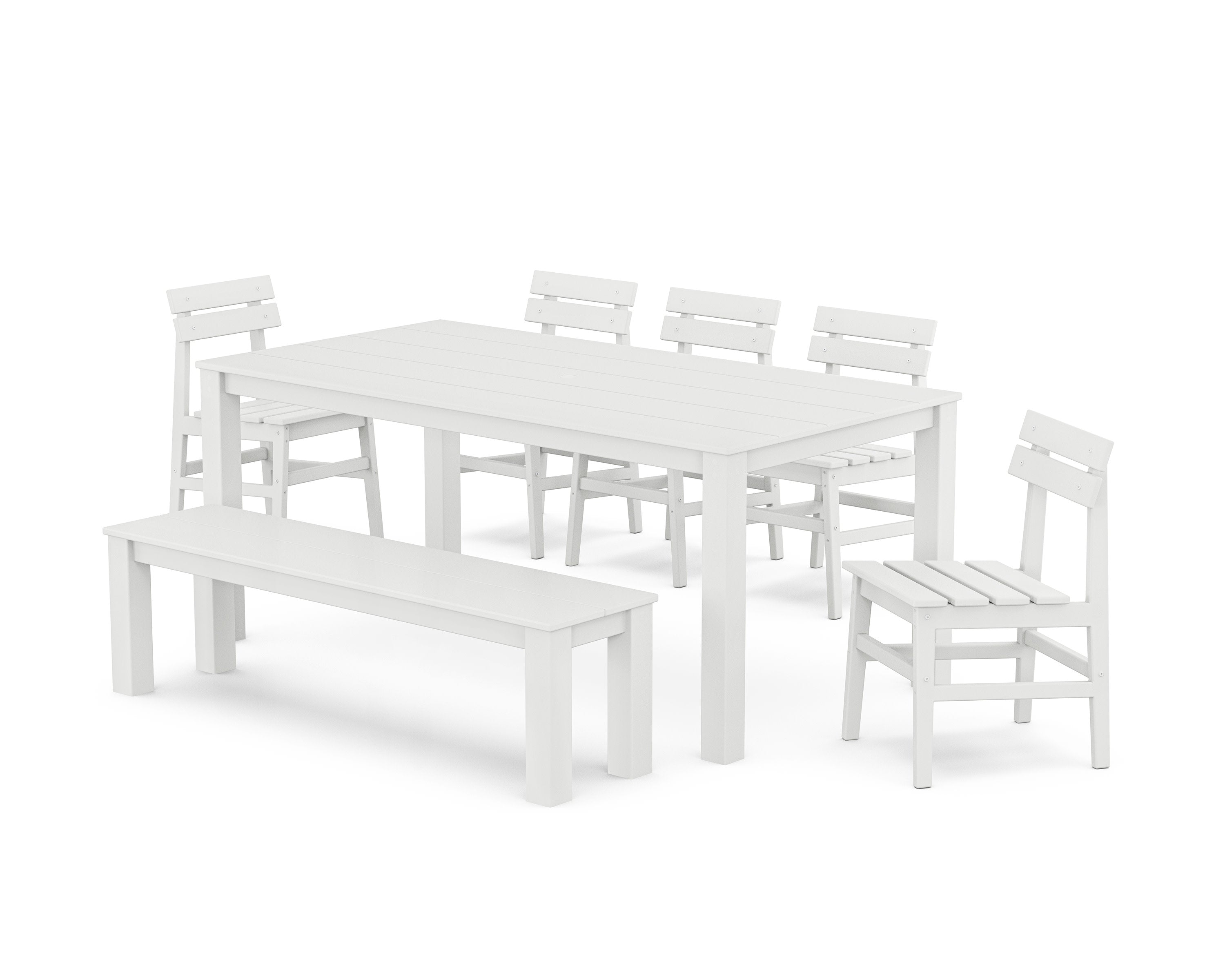 Modern Studio Plaza Chair 7-Piece Parsons Dining Set with Bench in White