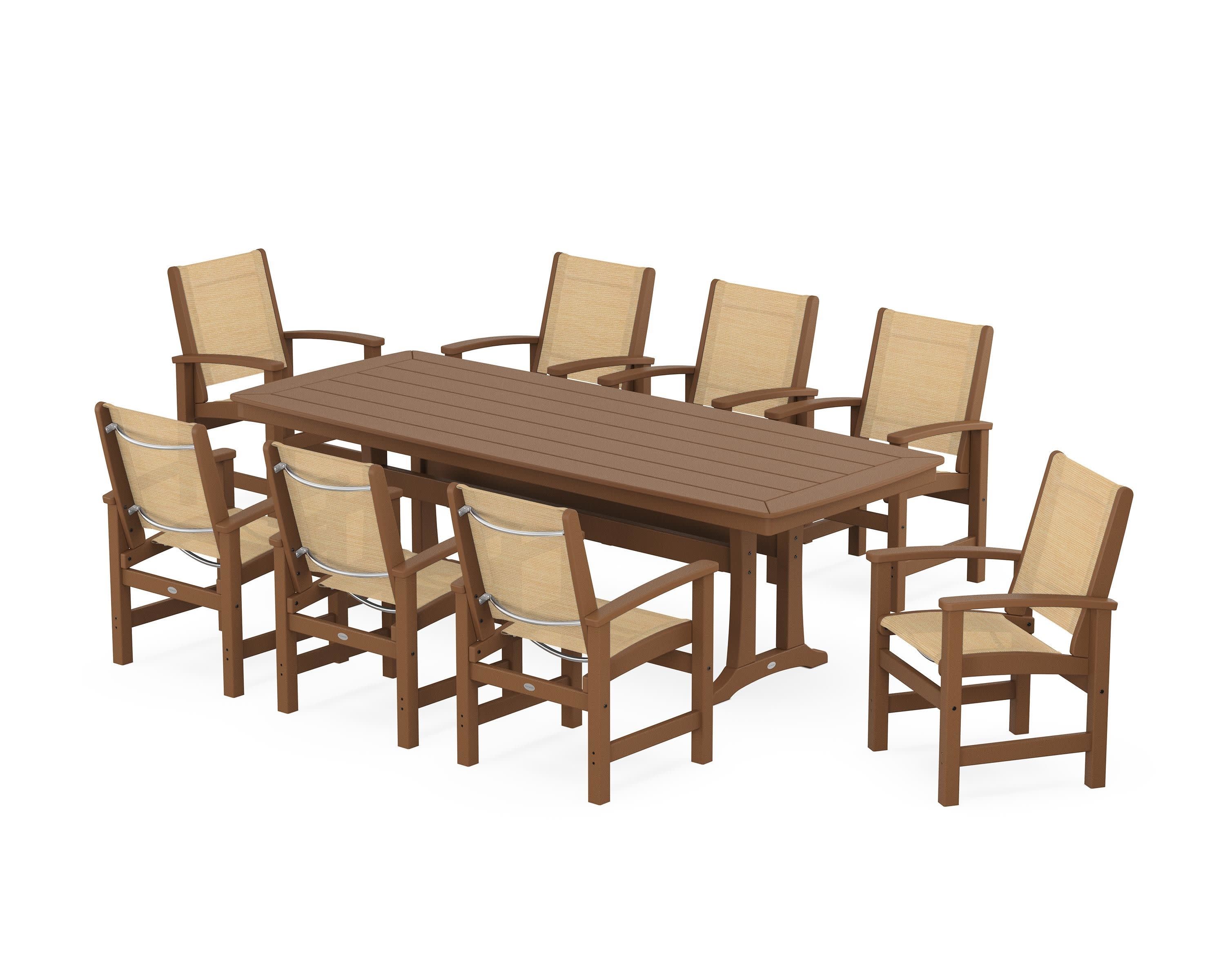 Coastal 9-Piece Dining Set with Trestle Legs in Teak / Dupioni Apricot Sling