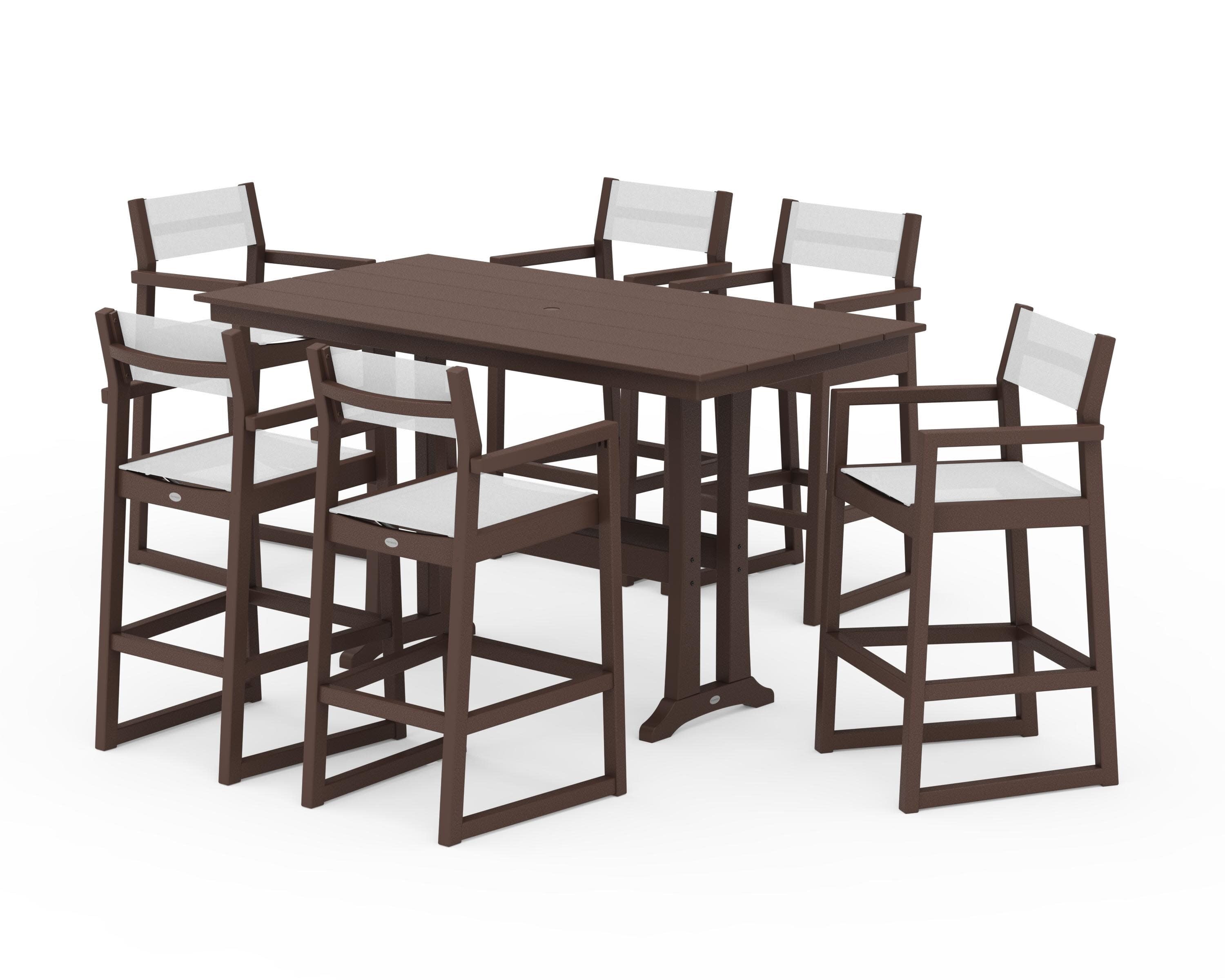 EDGE Sling Arm Chair 7-Piece Farmhouse Bar Set with Trestle Legs in Mahogany / White Sling