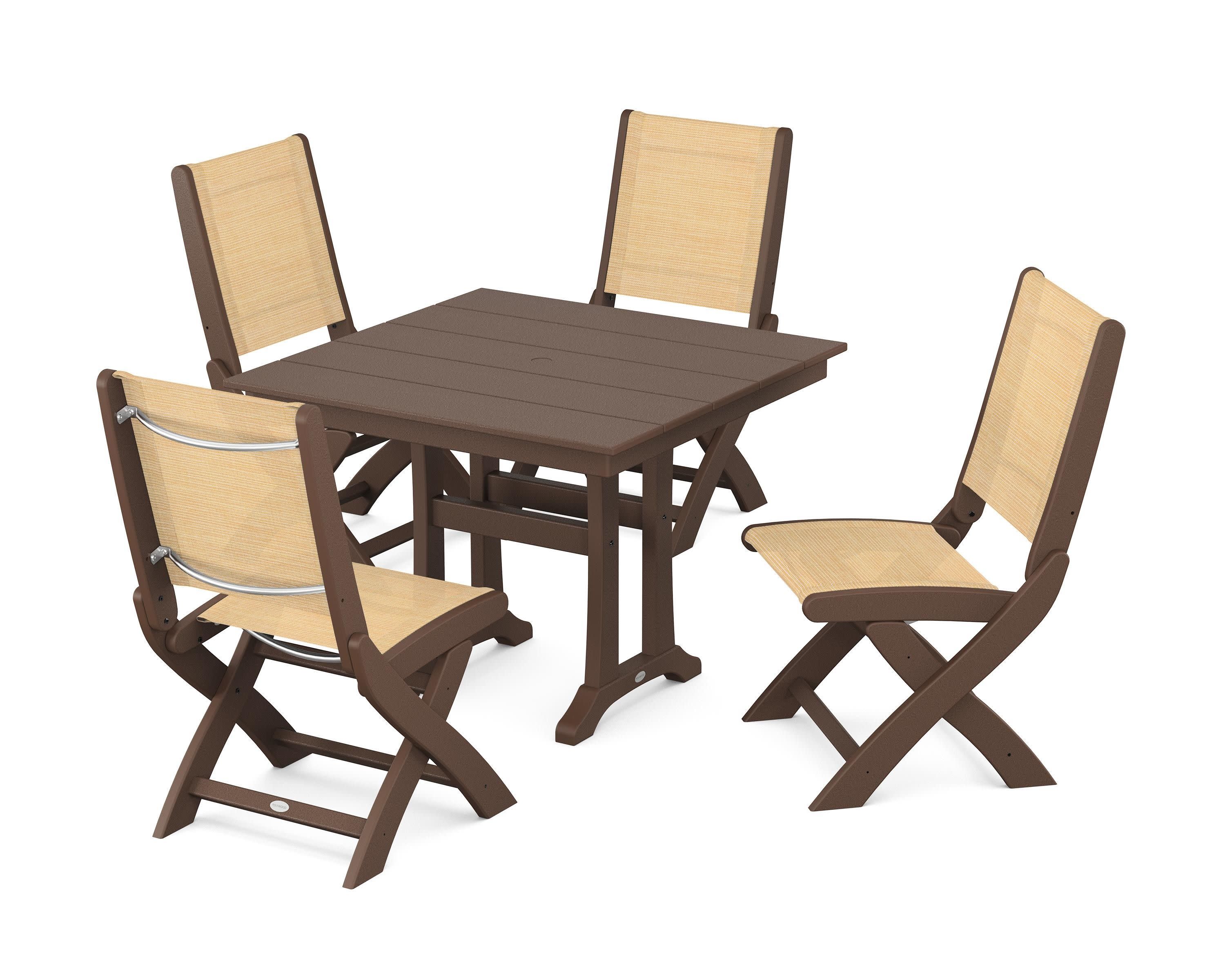 Coastal Folding Side Chair 5-Piece Farmhouse Dining Set With Trestle Legs in Mahogany / Dupioni Apricot Sling