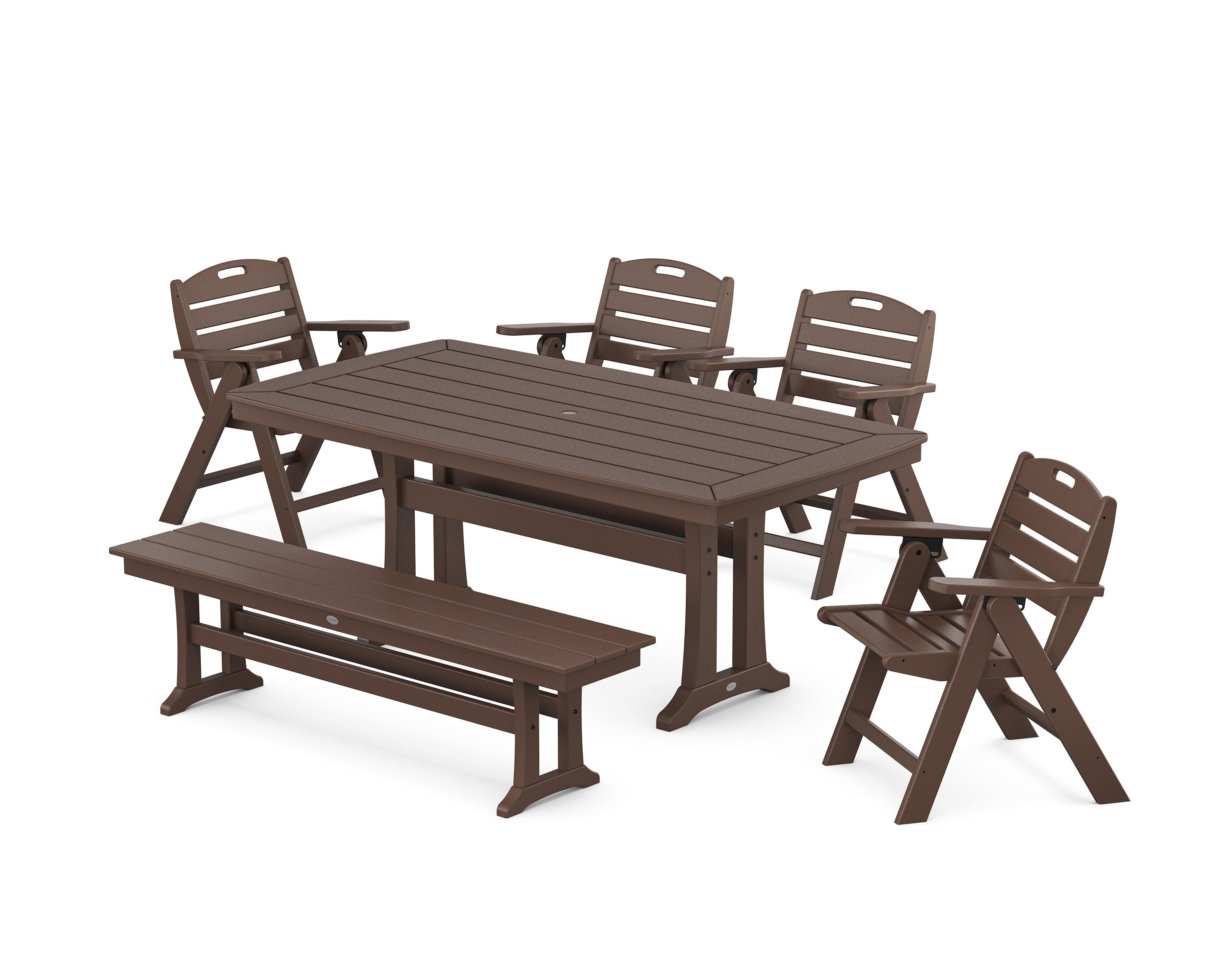 Nautical Lowback 6-Piece Dining Set with Trestle Legs and Bench in Mahogany