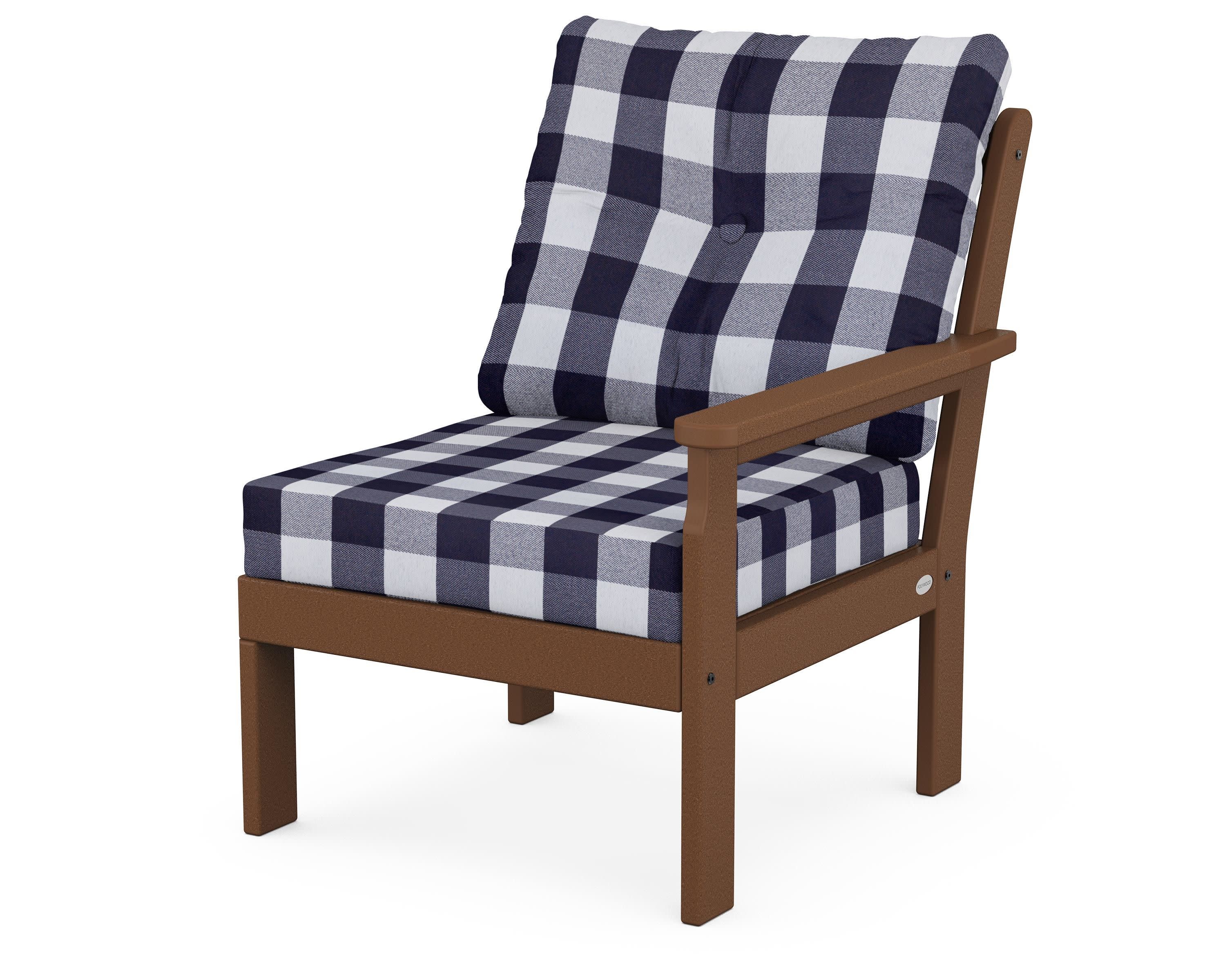 Vineyard Modular Right Arm Chair in Teak / Buffalo Plaid Navy