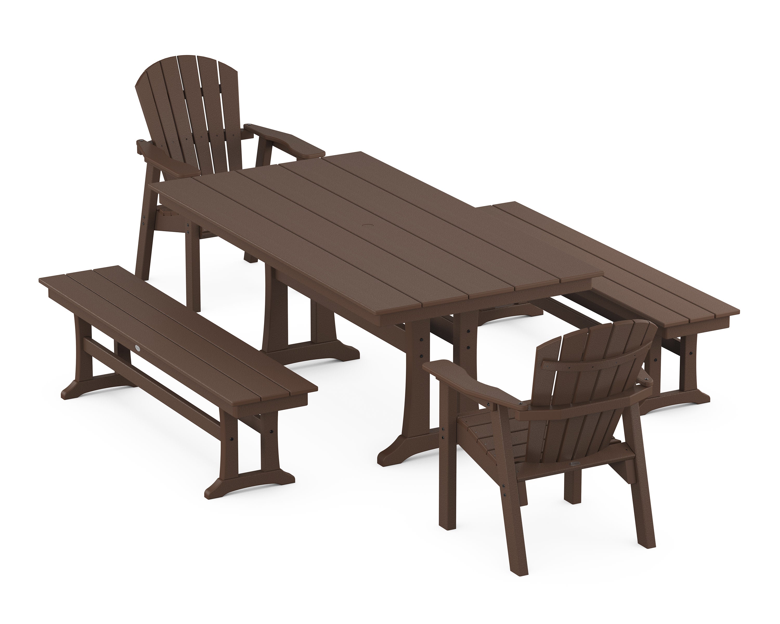 Seashell 5-Piece Farmhouse Dining Set With Trestle Legs in Mahogany
