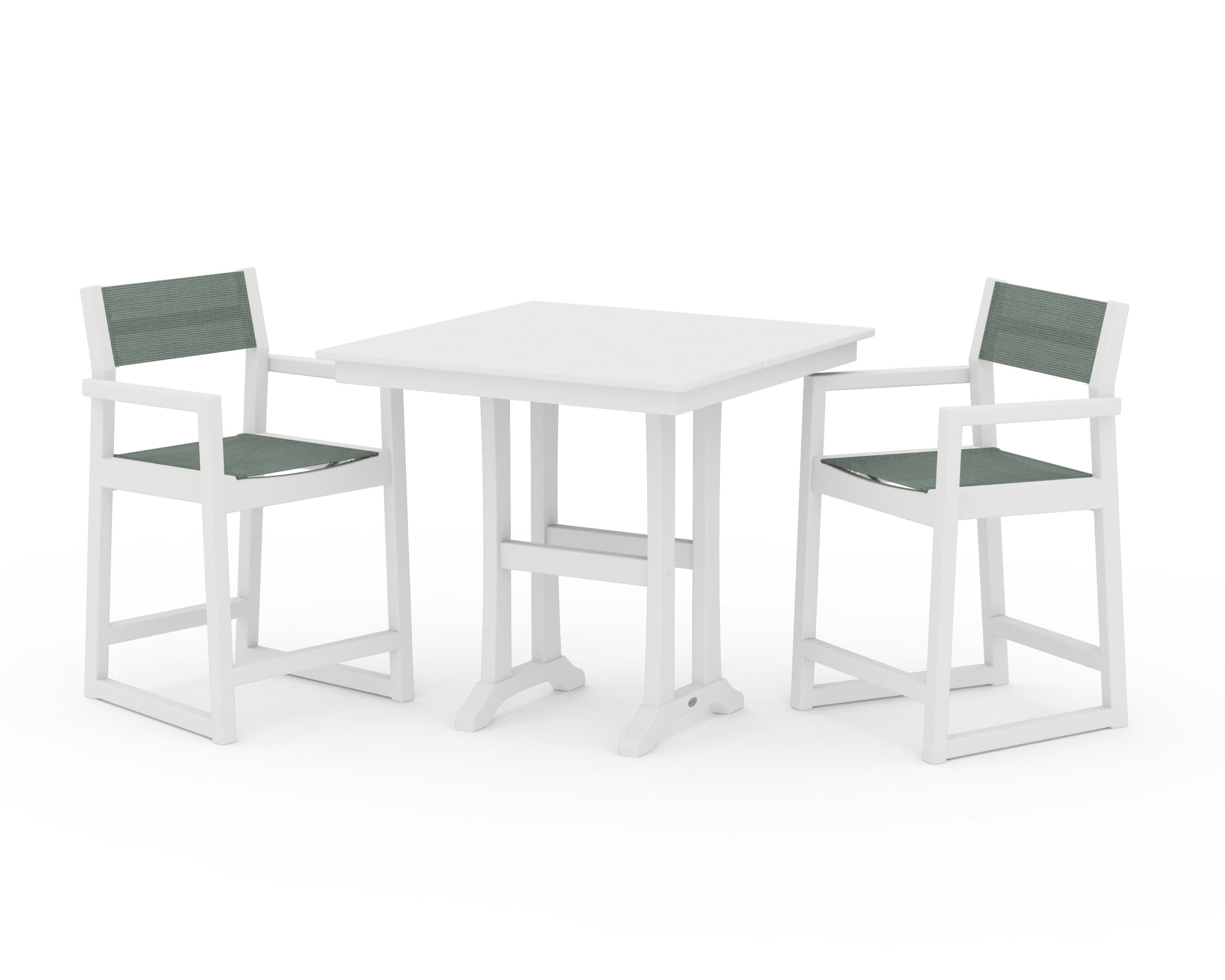 EDGE Sling Arm Chair 3-Piece Farmhouse Counter Set with Trestle Legs in White / Dupioni Sea Mist Sling