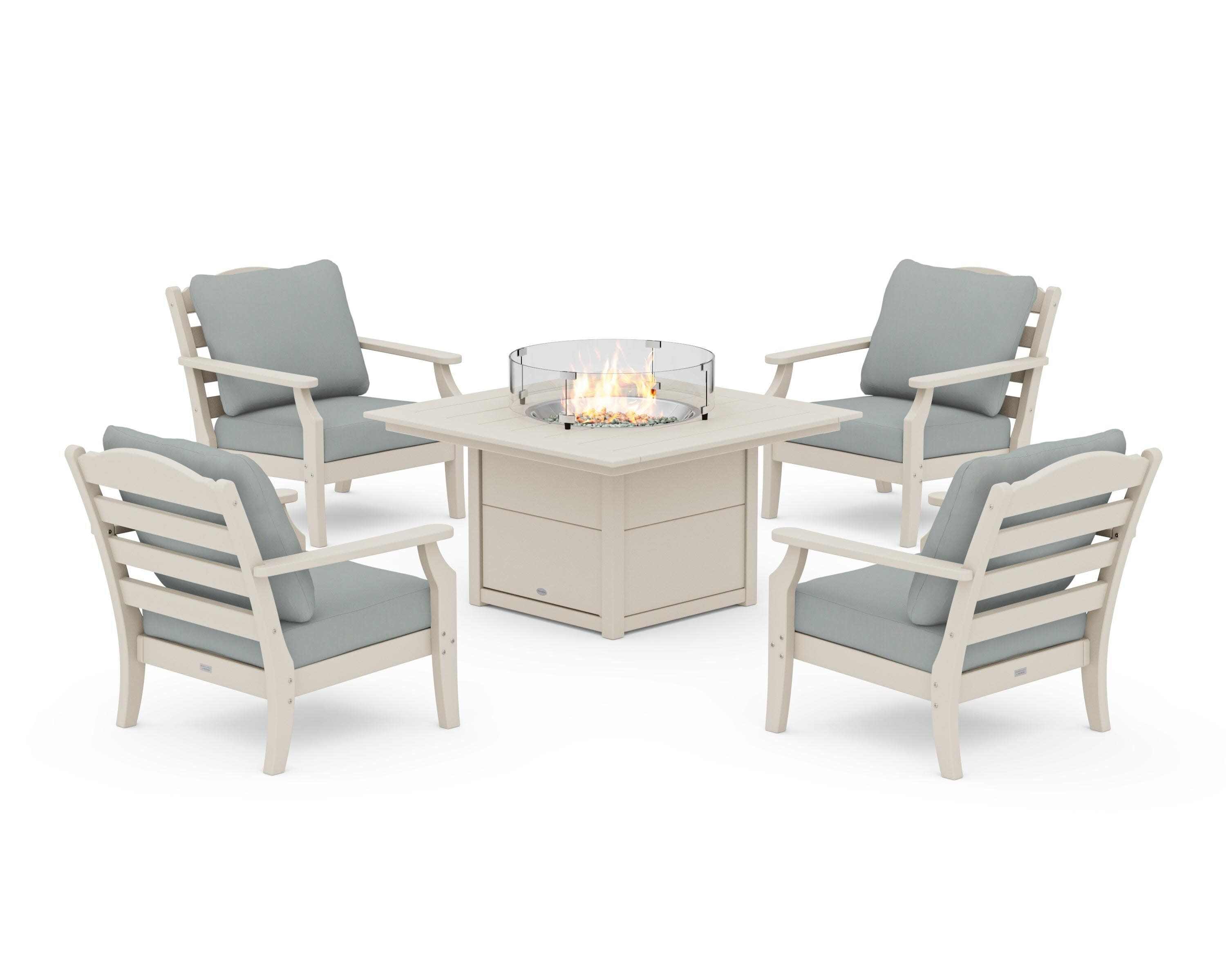 Savannah 5-Piece Deep Seating Set with Fire Pit Table in Sand / Spa