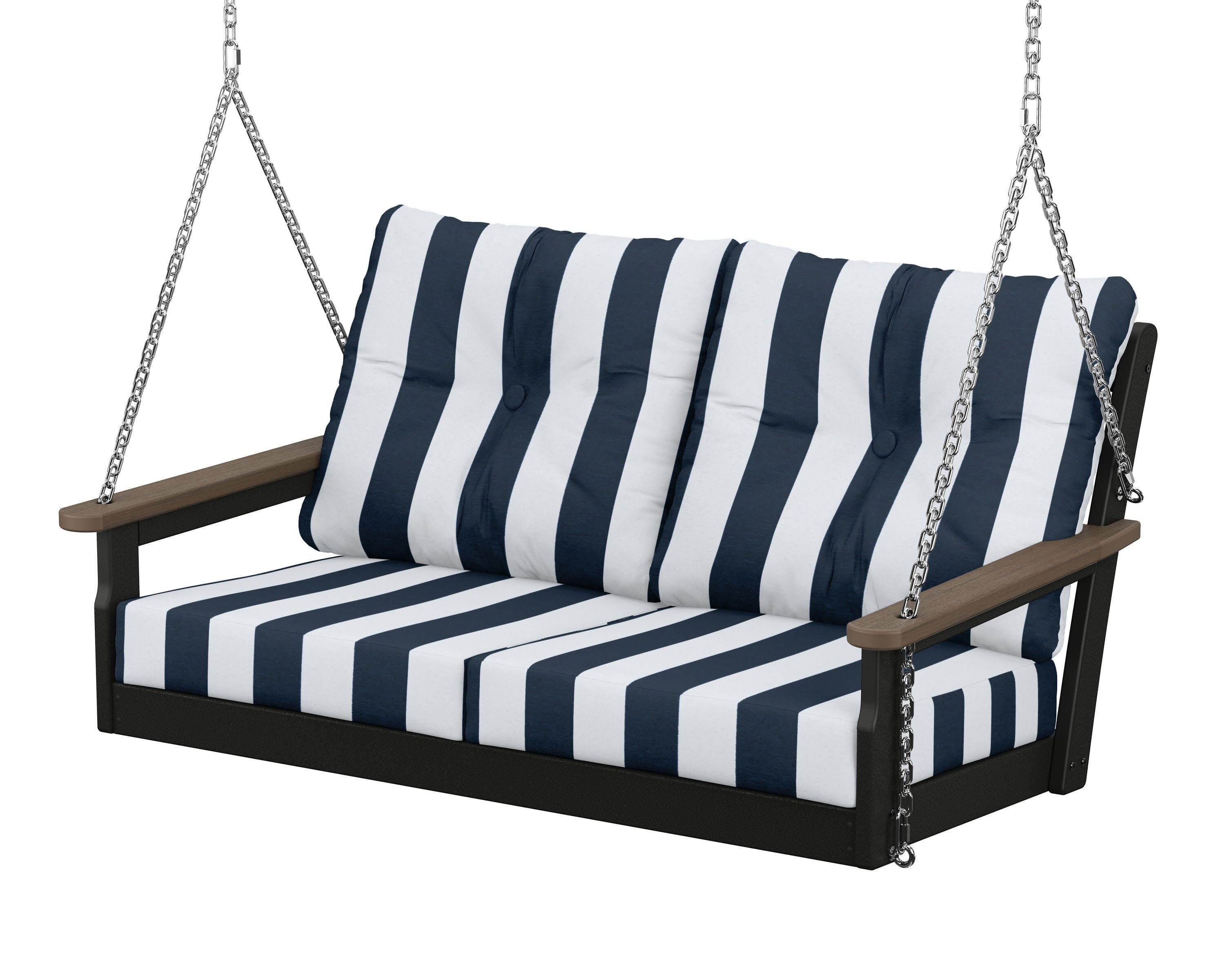 Vineyard Deep Seating Swing in Black / Kona / Cabana Stripe Marine Indigo