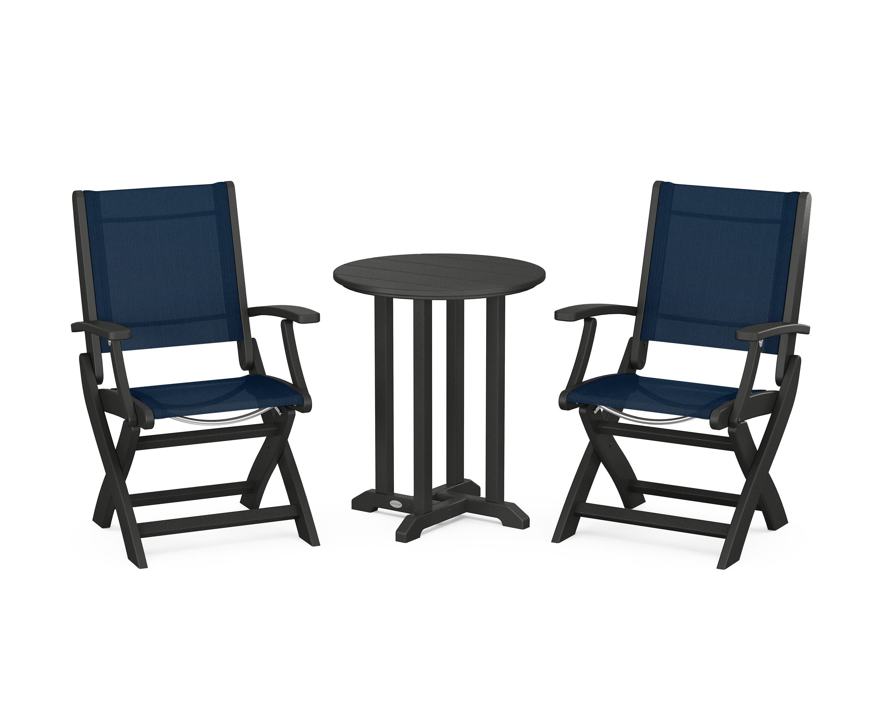 Coastal Folding 3-Piece Round Bistro Dining Set in Black / Navy Blue Sling