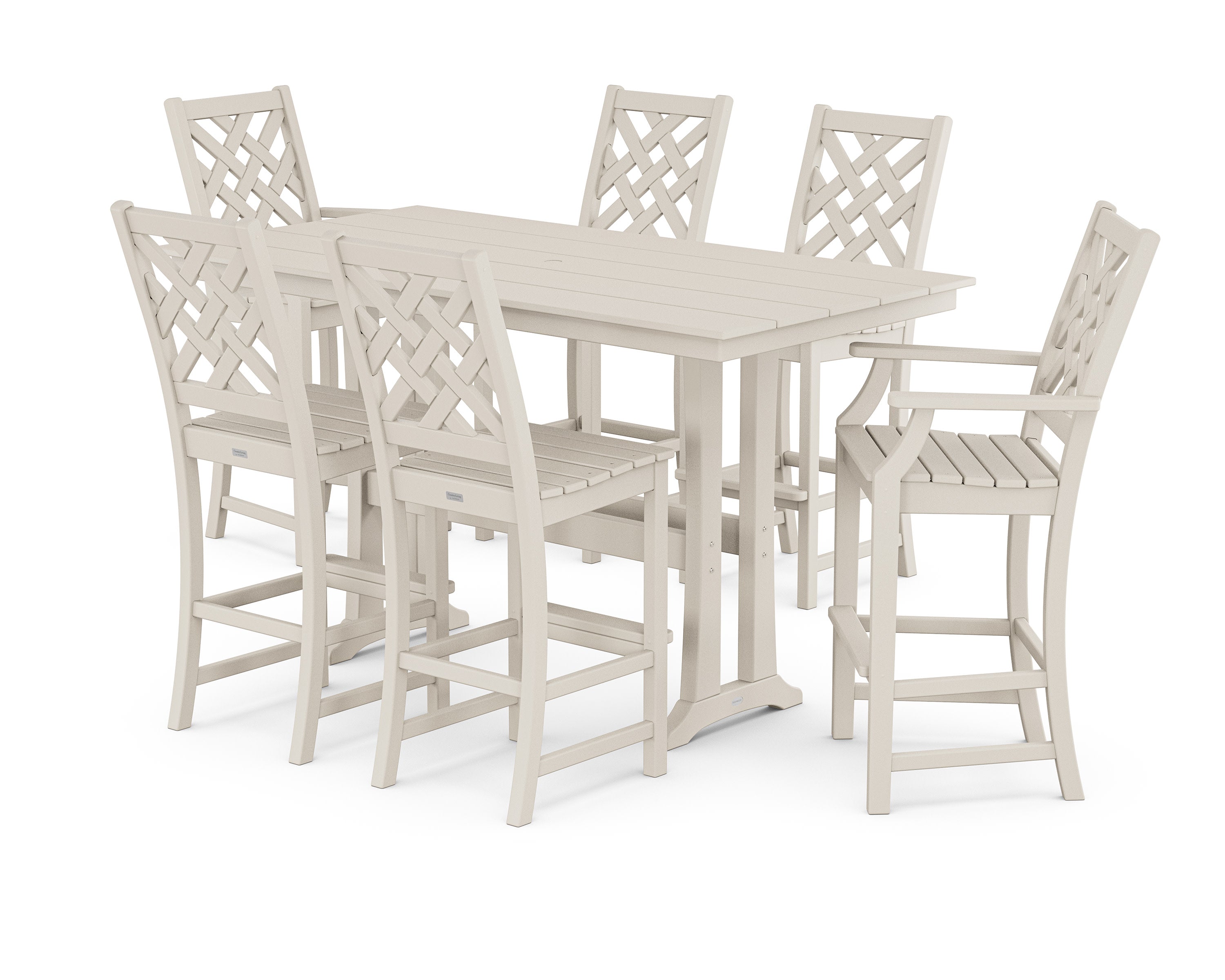 Wovendale 7-Piece Farmhouse Bar Set with Trestle Legs in Sand