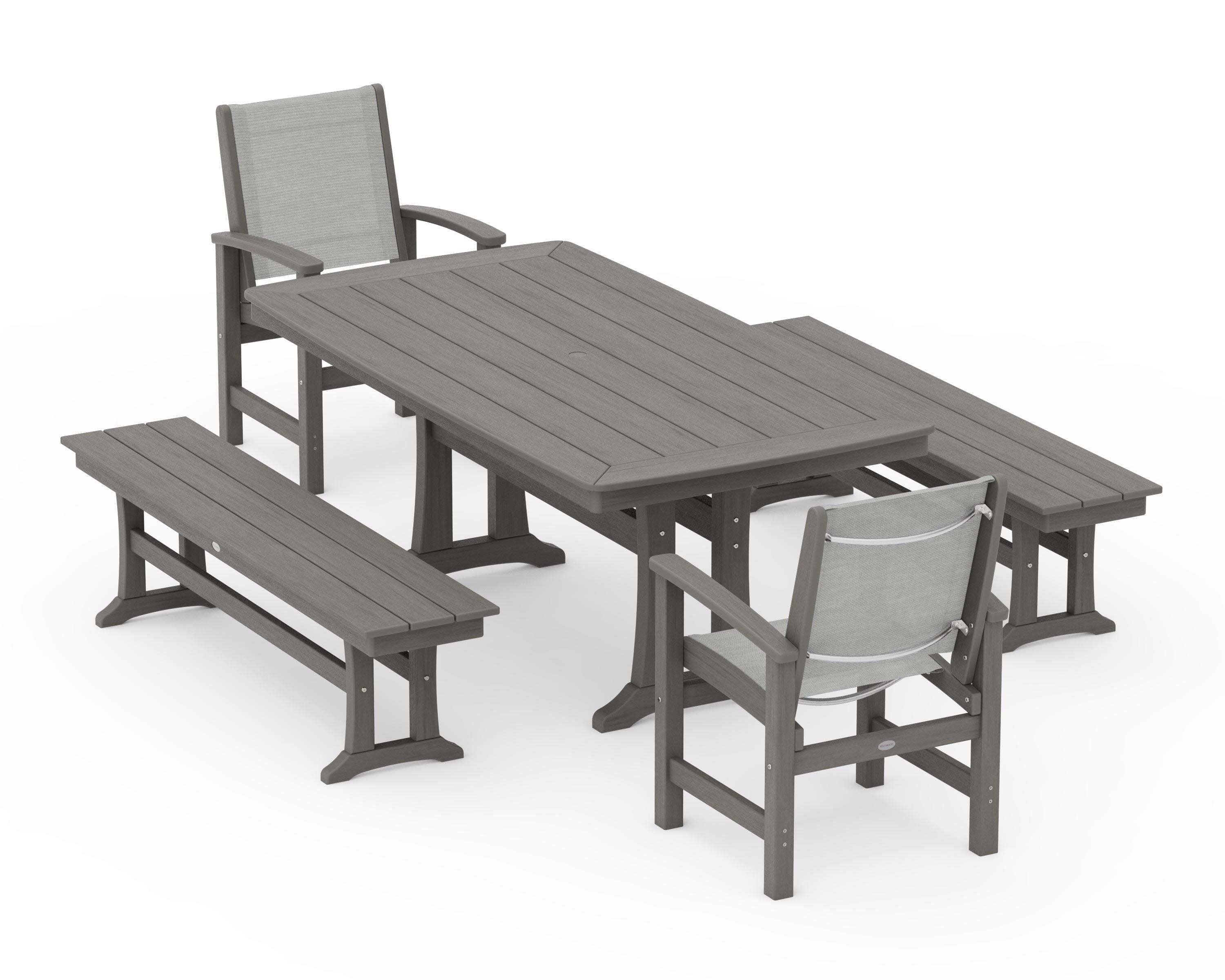 Coastal 5-Piece Dining Set with Trestle Legs and Benches in Driftwood / Metallic Sling
