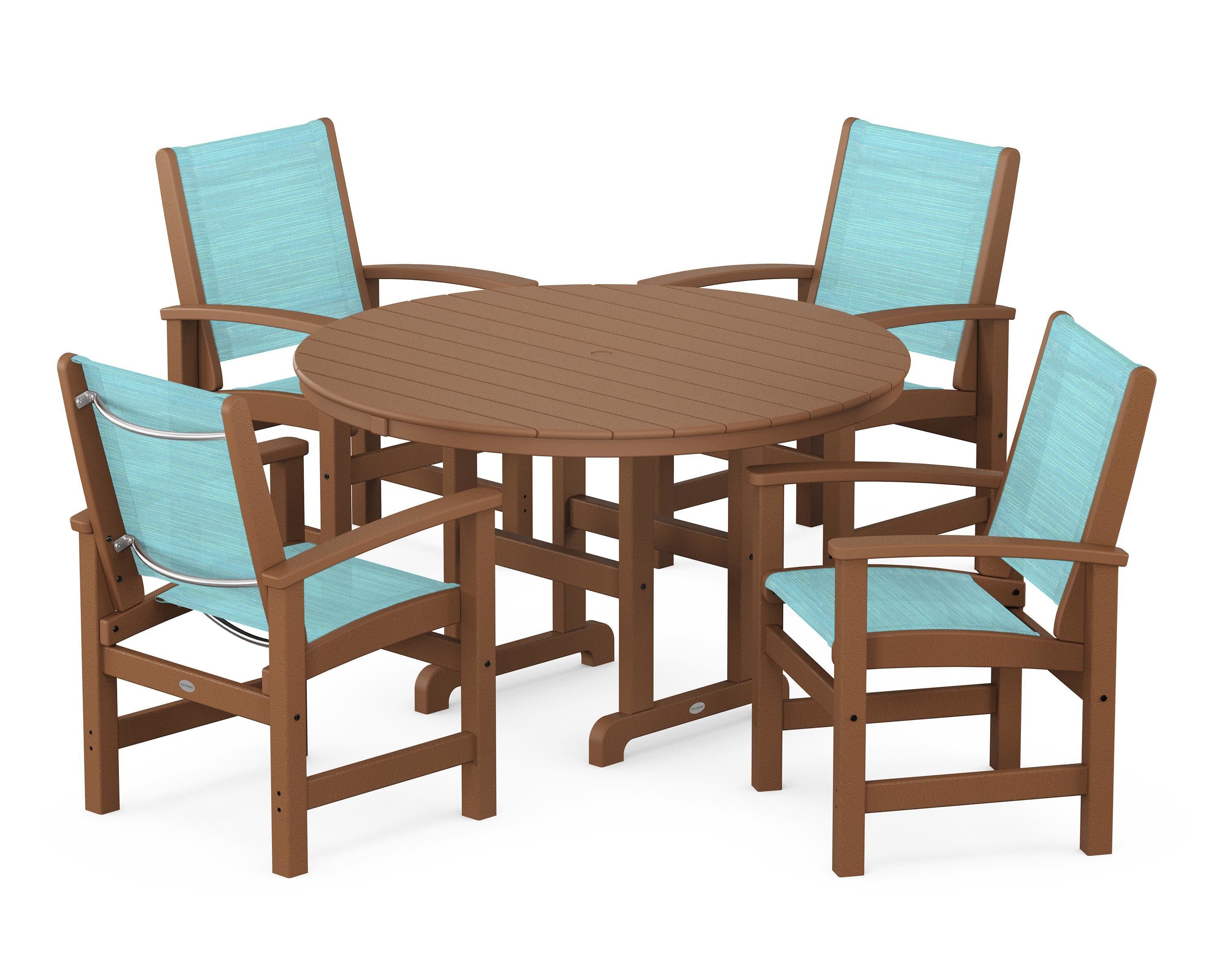 Coastal 5-Piece Round Farmhouse Dining Set in Teak / Dupioni Aquamarine Sling