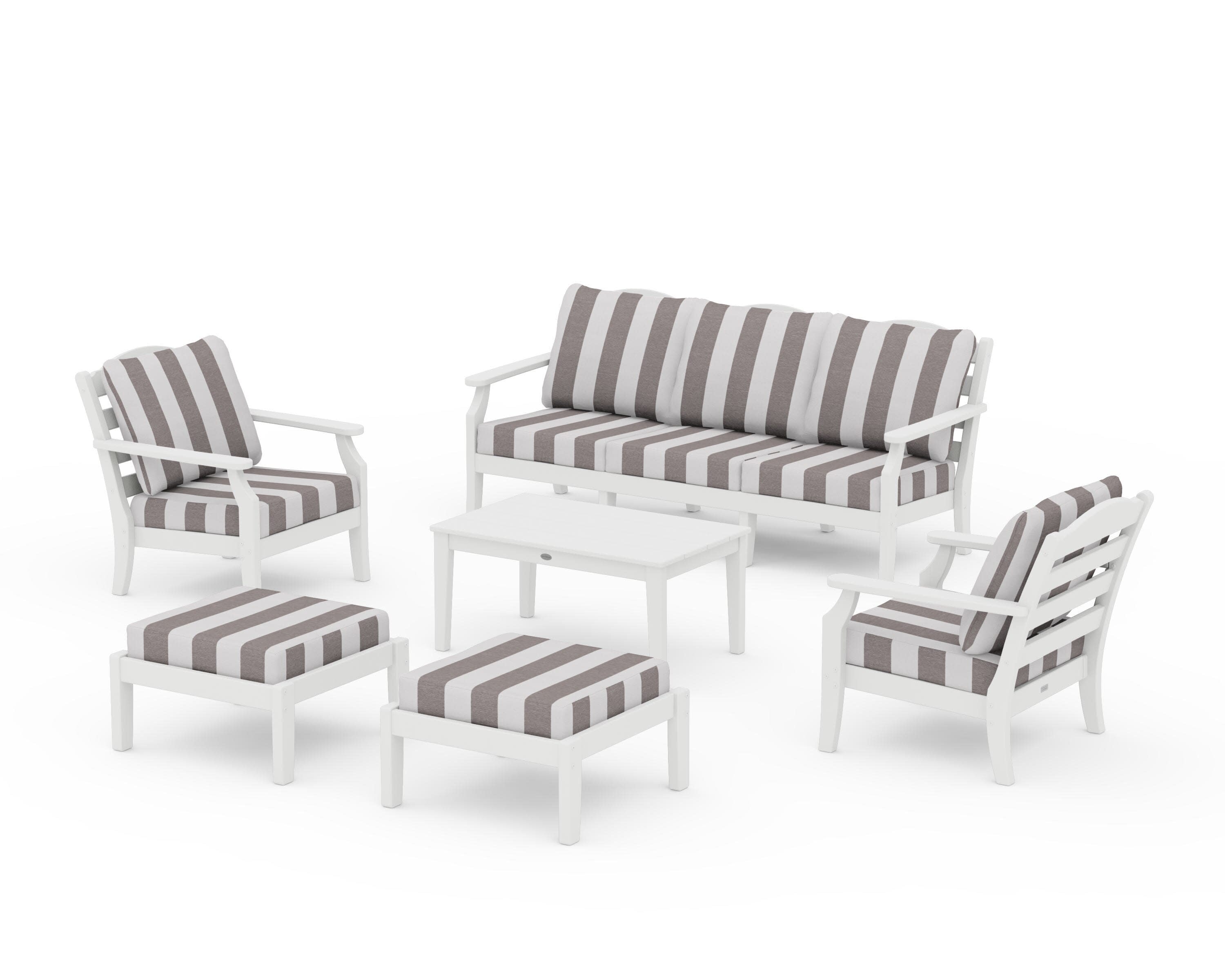 Savannah 6-Piece Lounge Sofa Set in White / Cabana Stripe Grey Mist