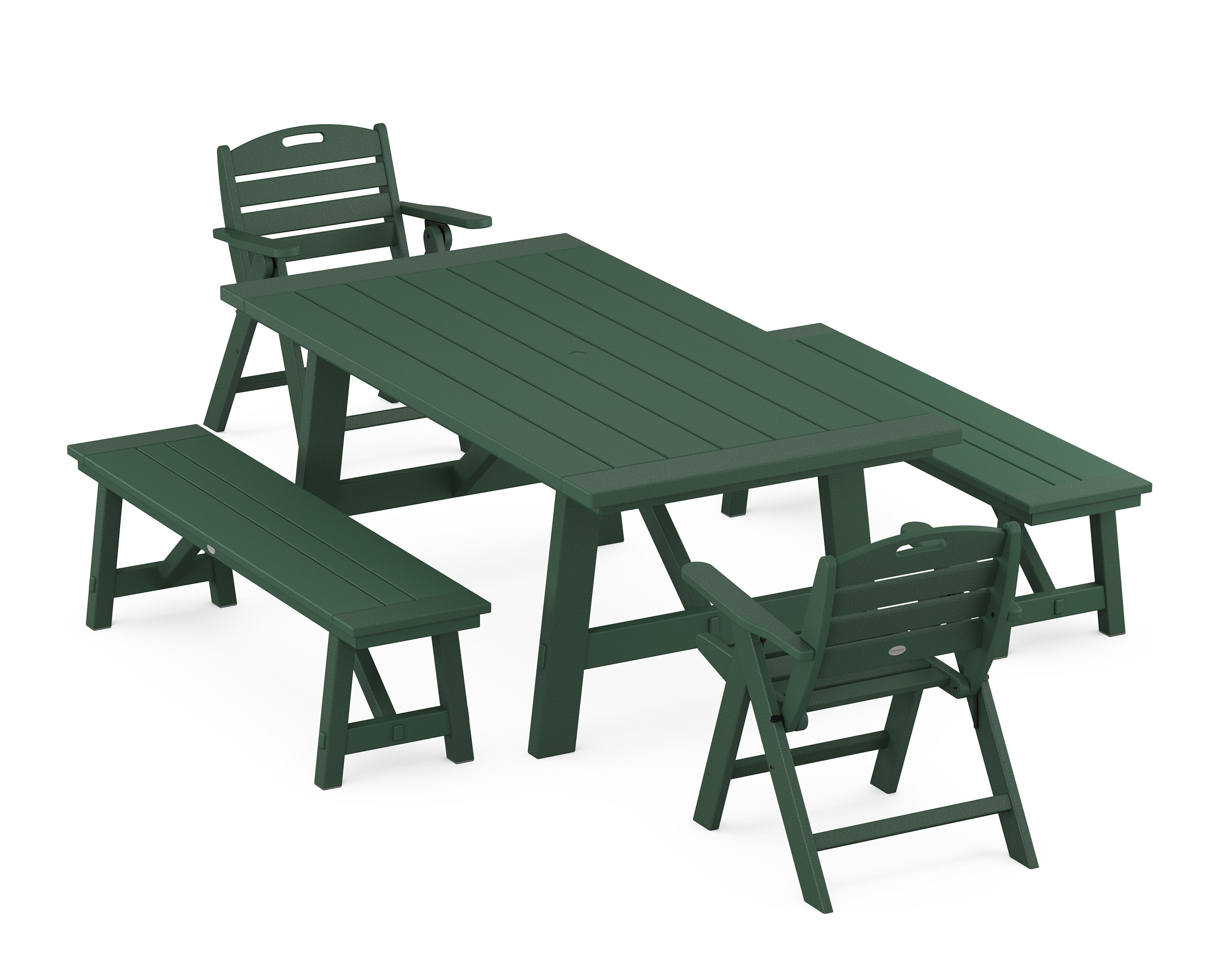 Nautical Folding Lowback Chair 5-Piece Rustic Farmhouse Dining Set With Benches in Green