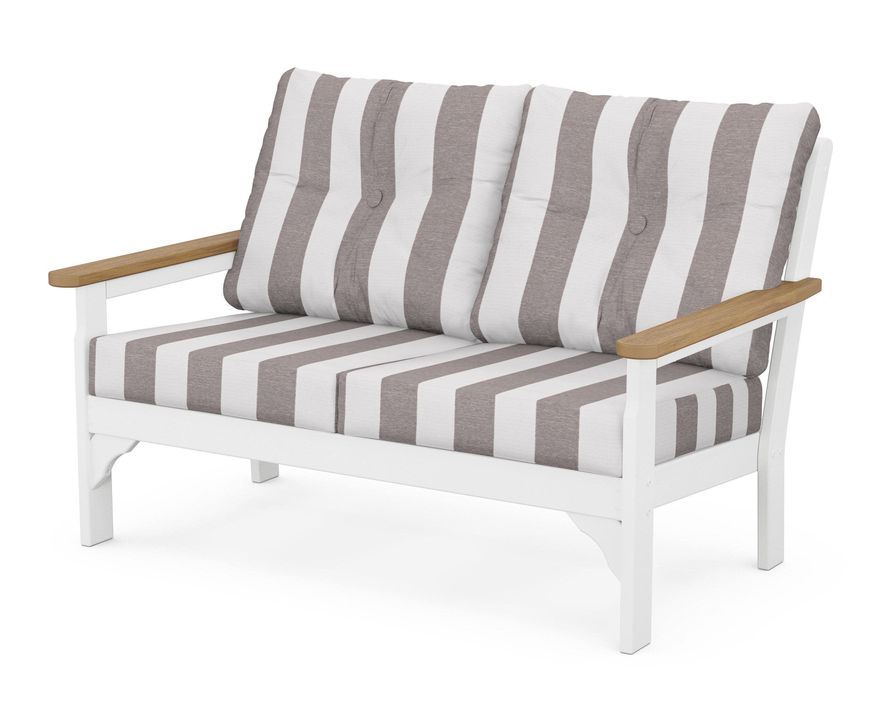 Vineyard Deep Seating Loveseat in White / Natural / Cabana Stripe Grey Mist
