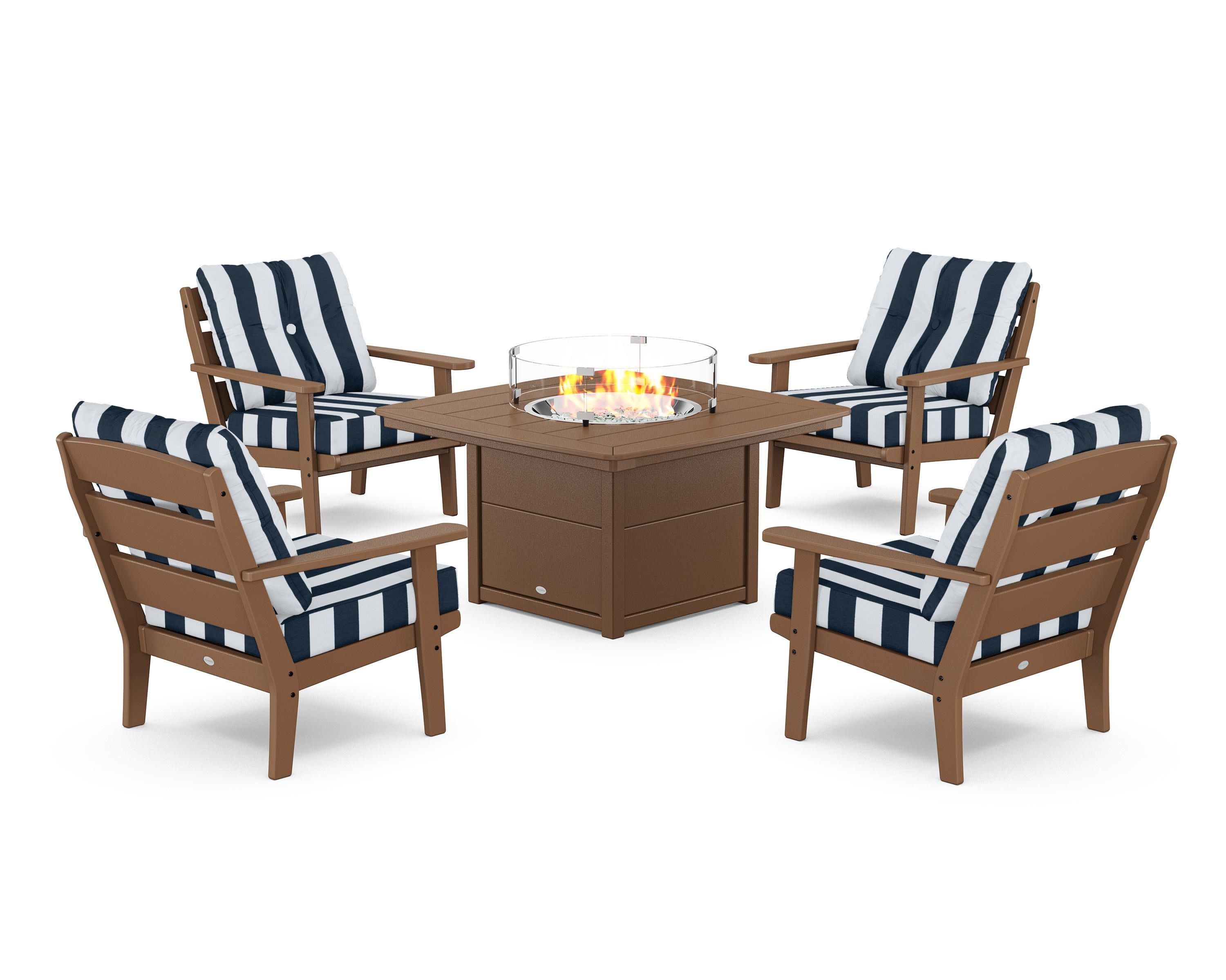 Lakeside 5-Piece Deep Seating Set with Nautical Fire Pit Table in Teak / Cabana Stripe Marine Indigo