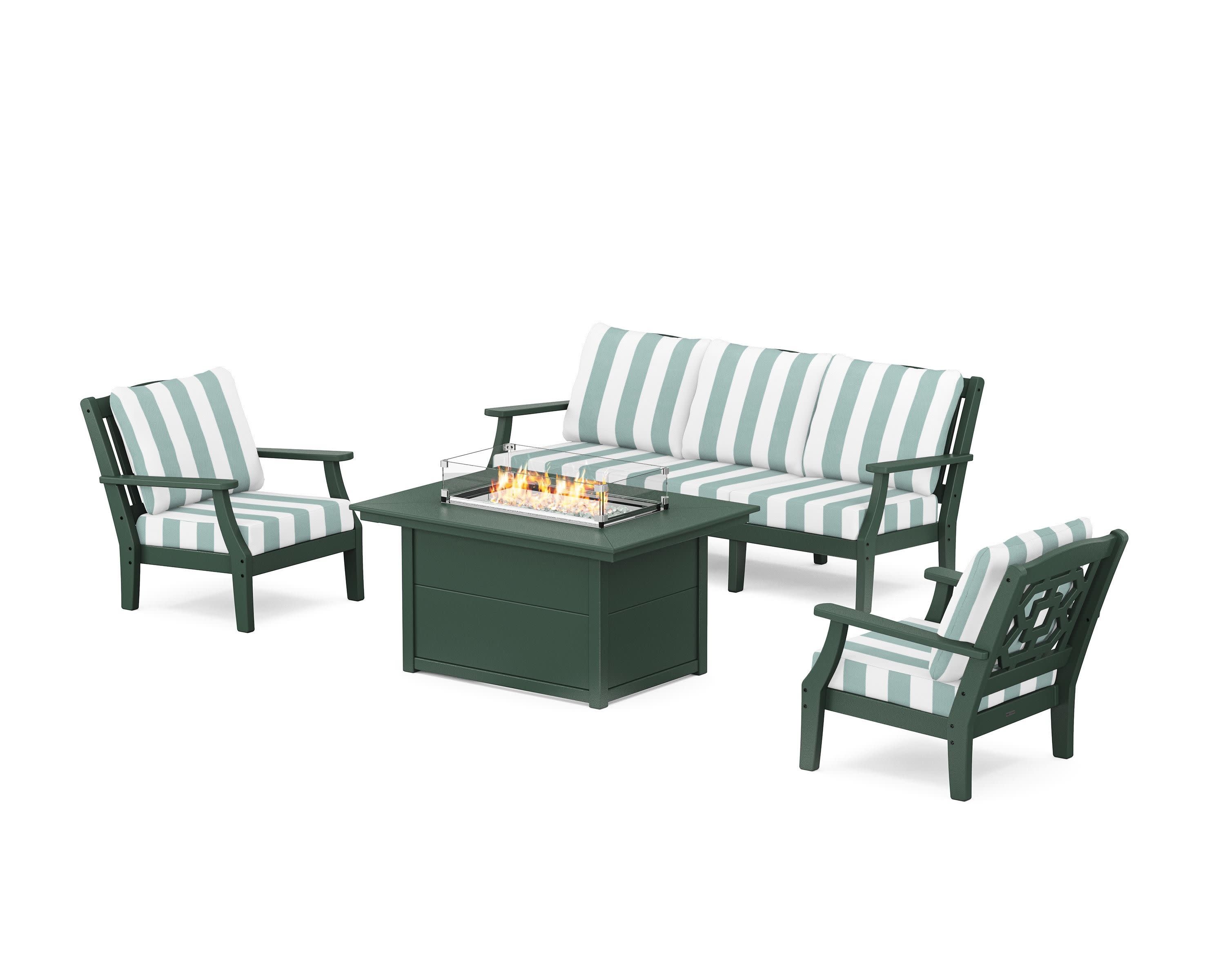 Chinoiserie Deep Seating Fire Pit Table Set in Green / Cabana Stripe Glacier Spa