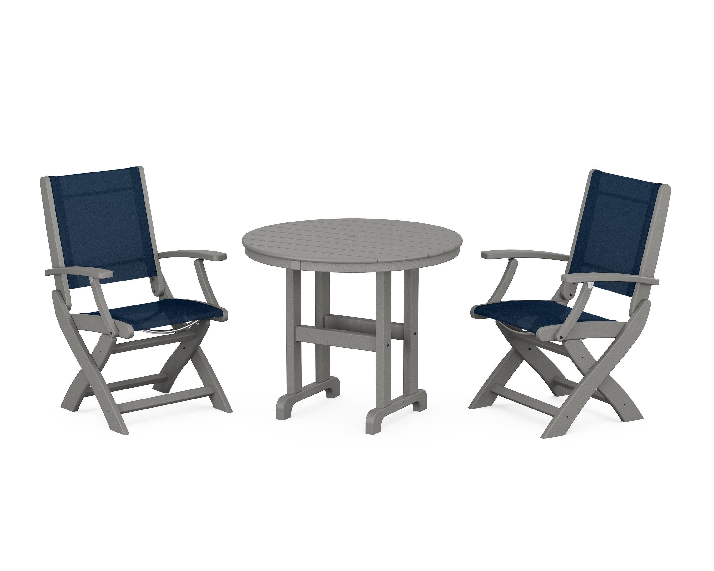 Coastal Folding Chair 3-Piece Round Dining Set in Slate Grey / Navy Blue Sling