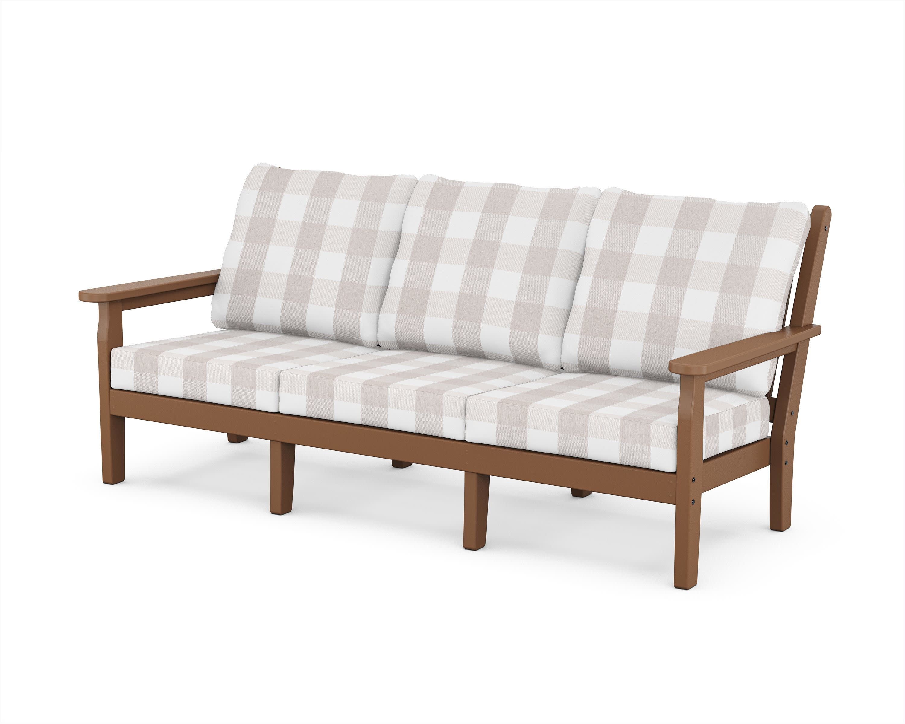 Chippendale Deep Seating Sofa in Teak / Buffalo Plaid Dune Burlap