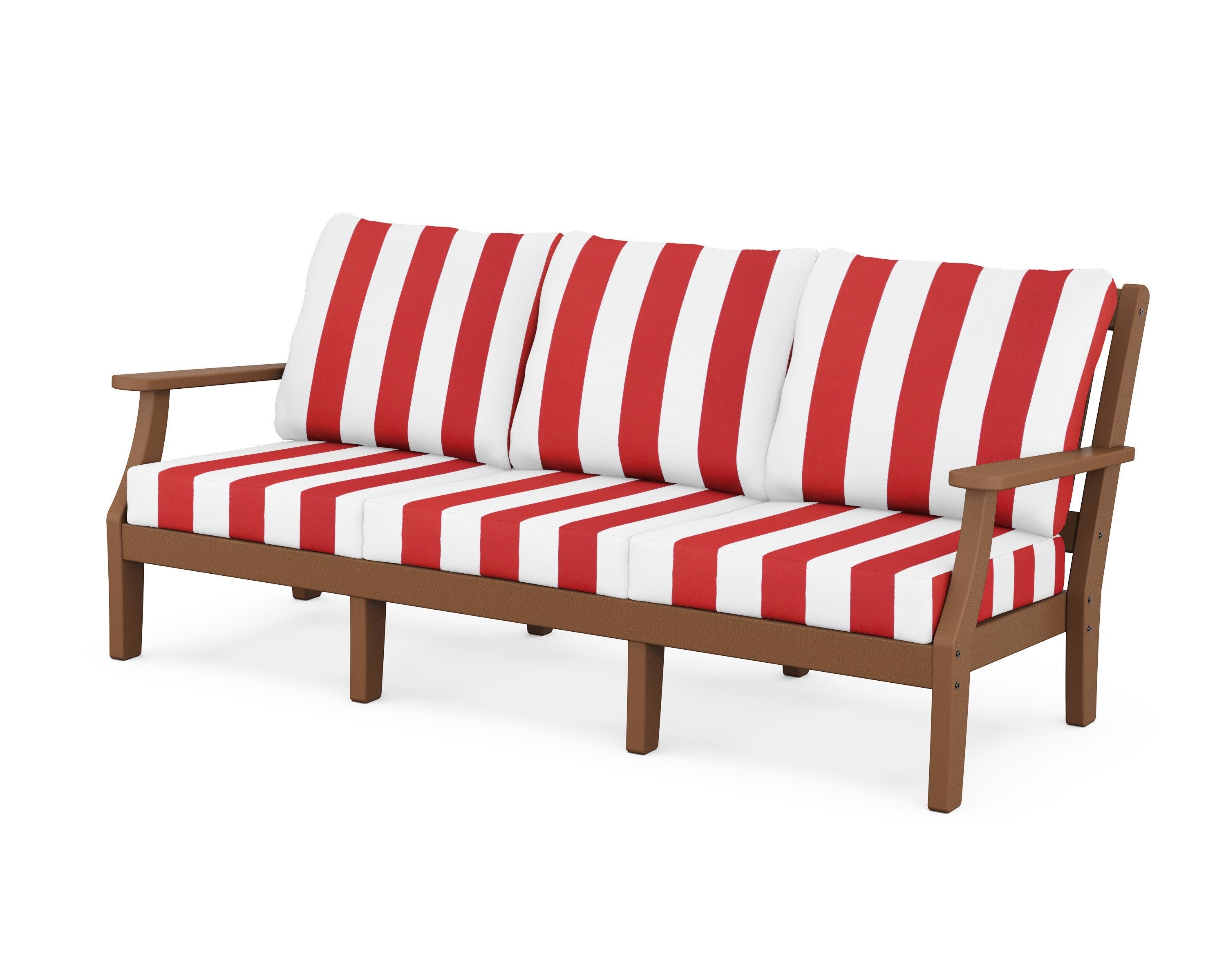 Chinoiserie Deep Seating Sofa in Teak / Cabana Stripe Crimson