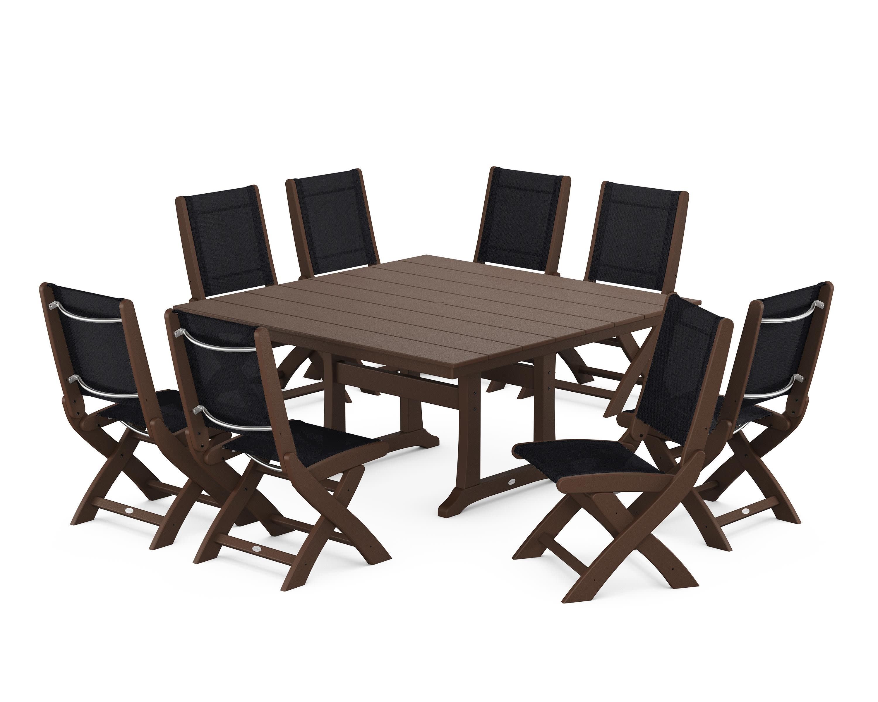 Coastal Folding Side Chair 9-Piece Farmhouse Dining Set in Mahogany / Black Sling