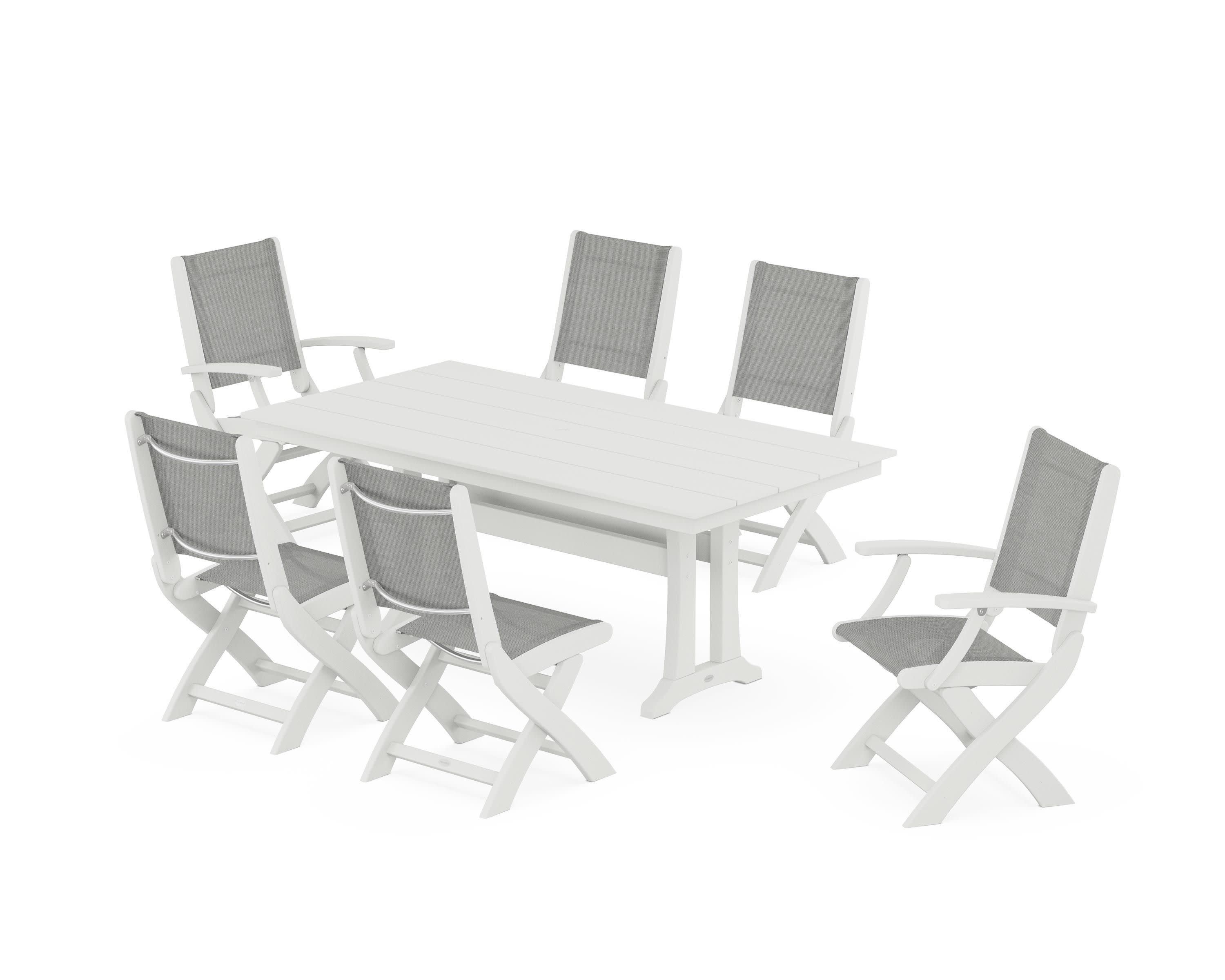 Coastal Folding Chair 7-Piece Farmhouse Dining Set with Trestle Legs in Vintage White / Metallic Sling