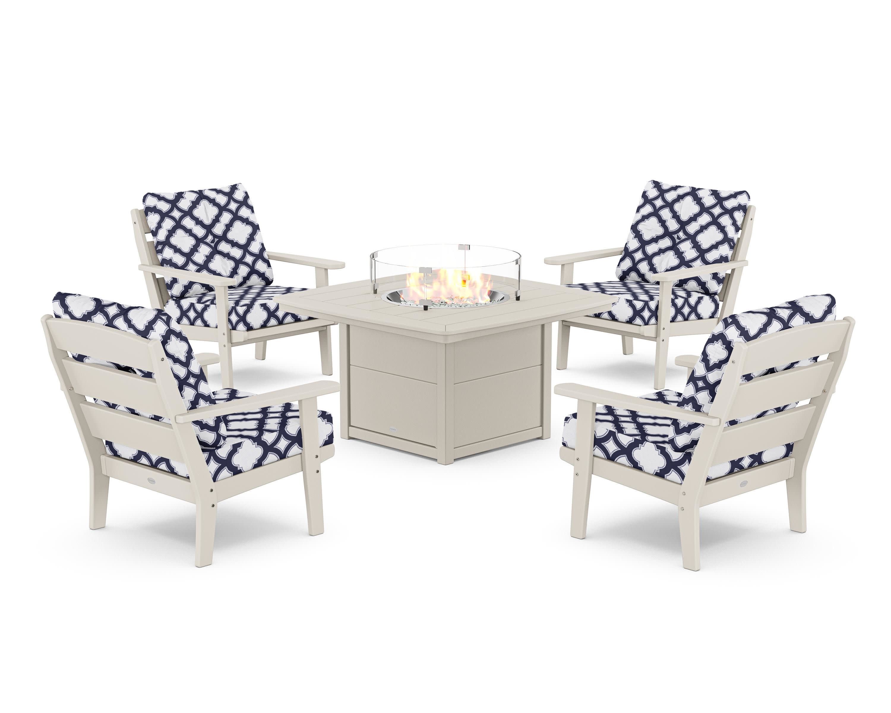 Lakeside 5-Piece Deep Seating Set with Nautical Fire Pit Table in Sand / Trellis Navy