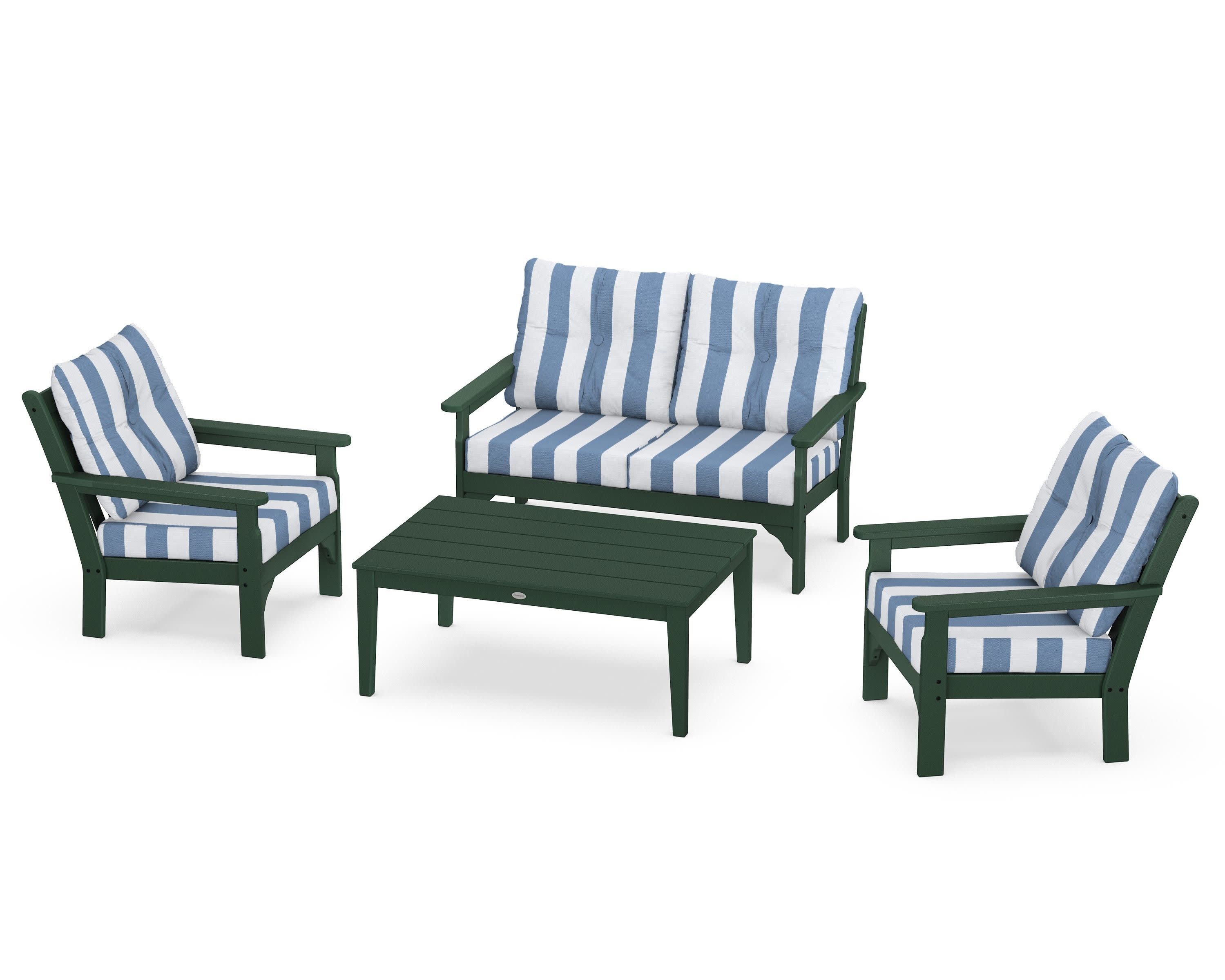 Vineyard 4-Piece Deep Seating Set in Green / Cabana Stripe Sky Blue