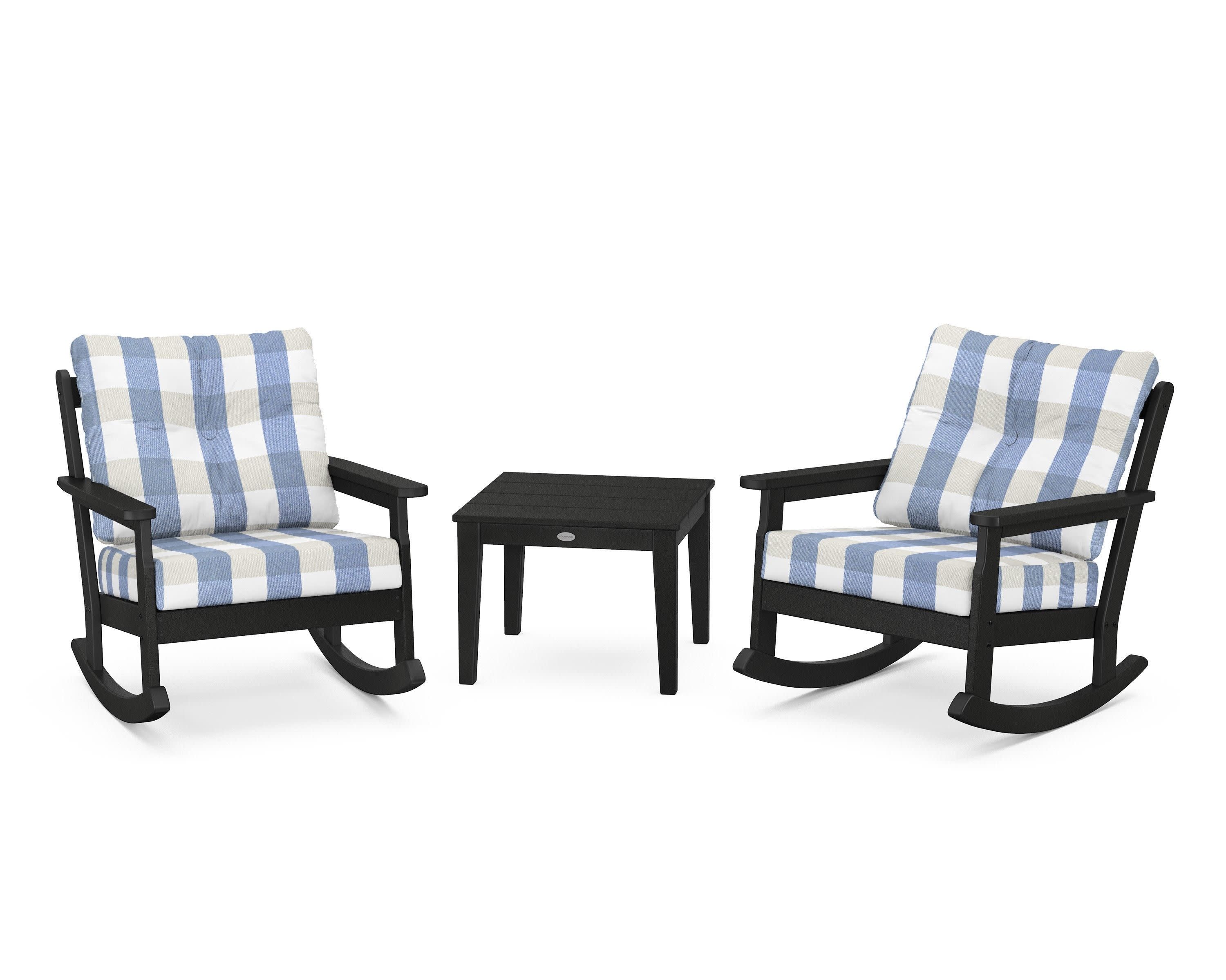 Vineyard 3-Piece Deep Seating Rocker Set in Black / Buffalo Plaid Sky Blue