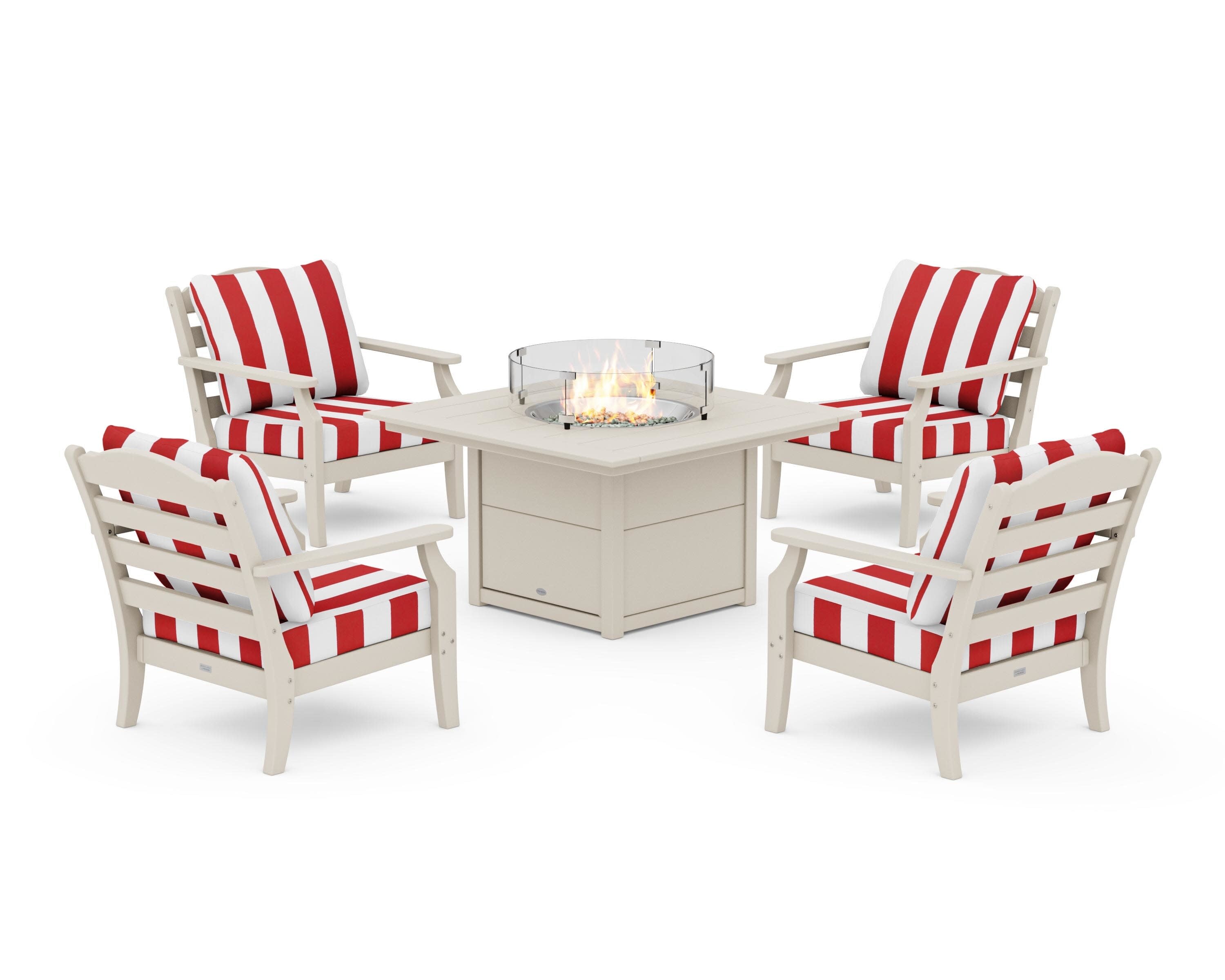 Savannah 5-Piece Deep Seating Set with Fire Pit Table in Sand / Cabana Stripe Crimson
