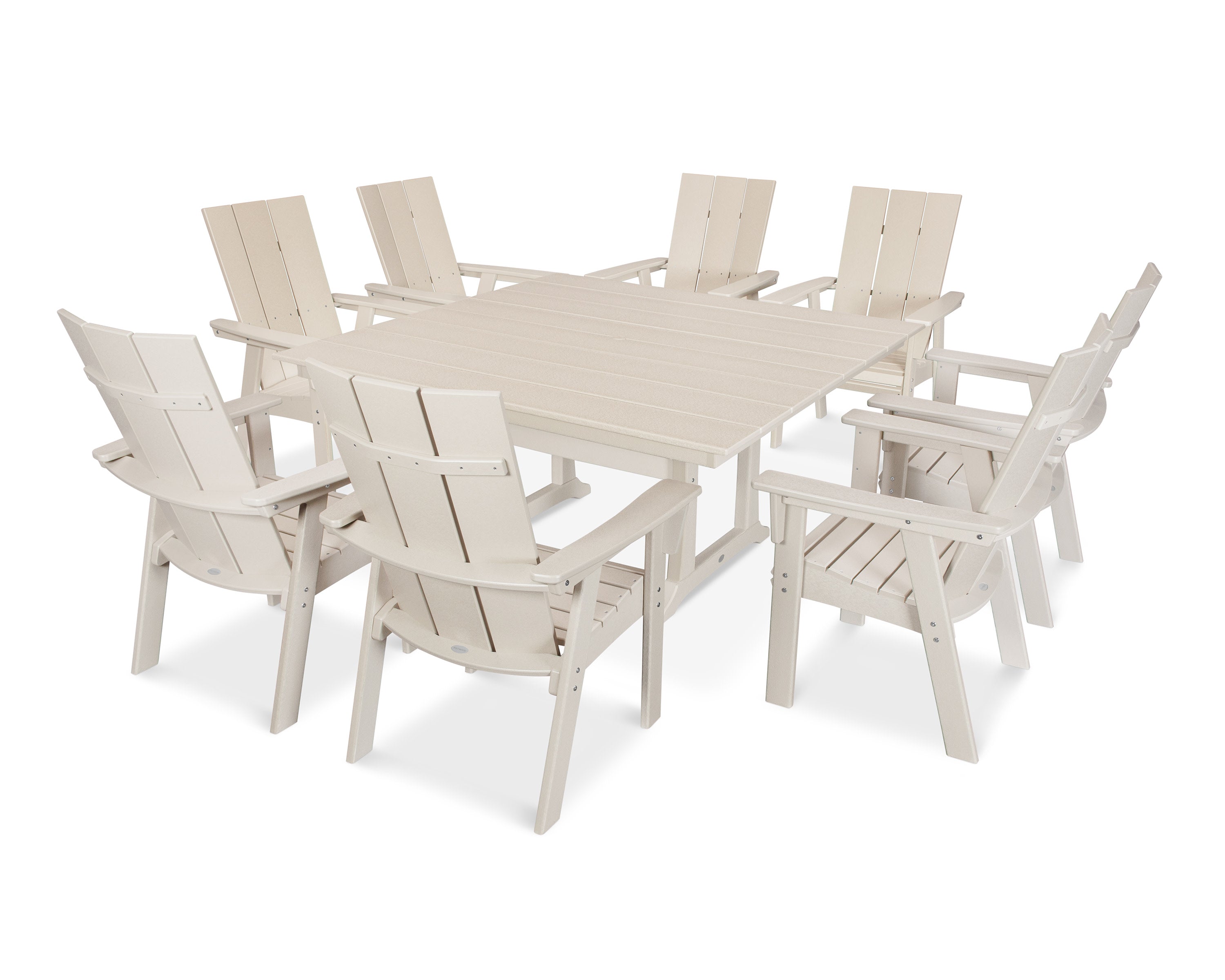 Modern Curveback Adirondack 9-Piece Farmhouse Trestle Dining Set in Sand
