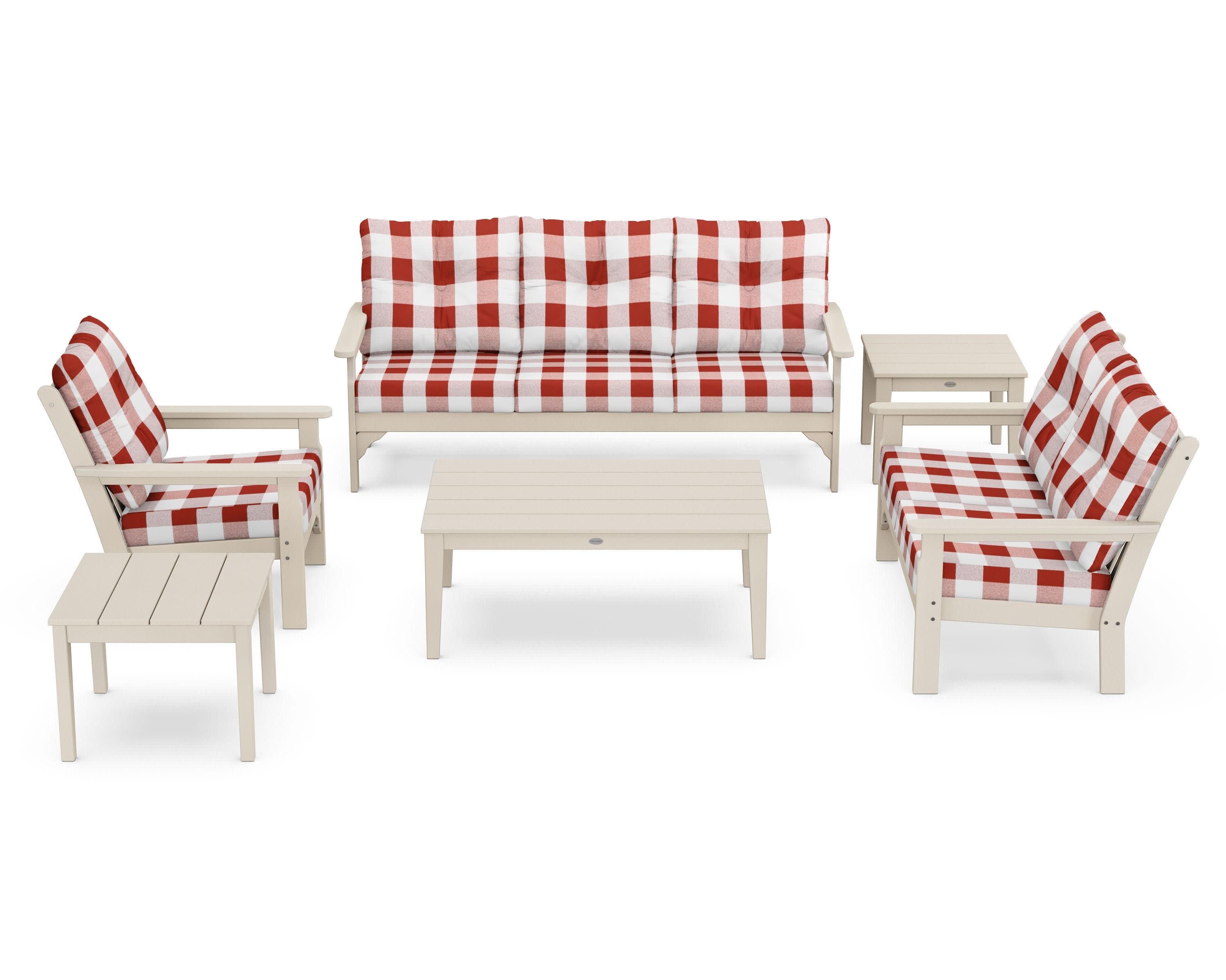 Vineyard 6-Piece Deep Seating Set in Sand / Buffalo Plaid Crimson